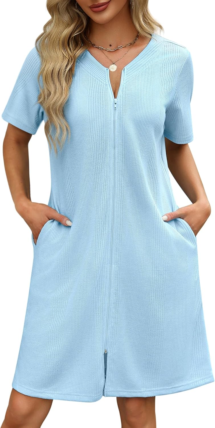 Ekouaer Women Zipper Robe Waffle Bathrobe Short House Coat with Pockets | Lightweight Robe, Short Sleeve, Waffle Material, V Neck WEBE CLOTHING