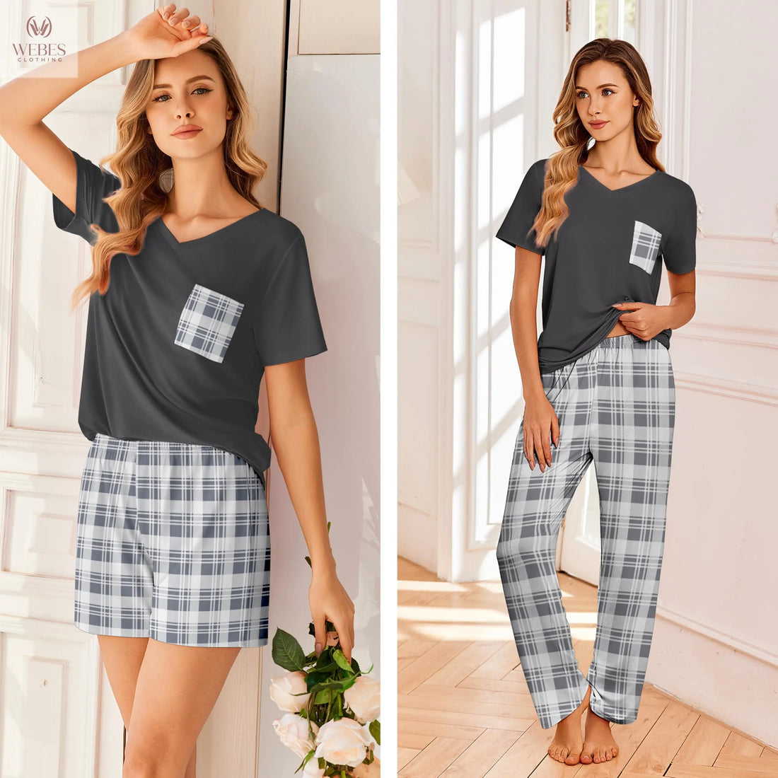 Ekouaer Women's 3 Piece Pajama Set Short Sleeve Sleepwear Pj Set Top and Shorts Pants Pjs with Pockets WEBE CLOTHING