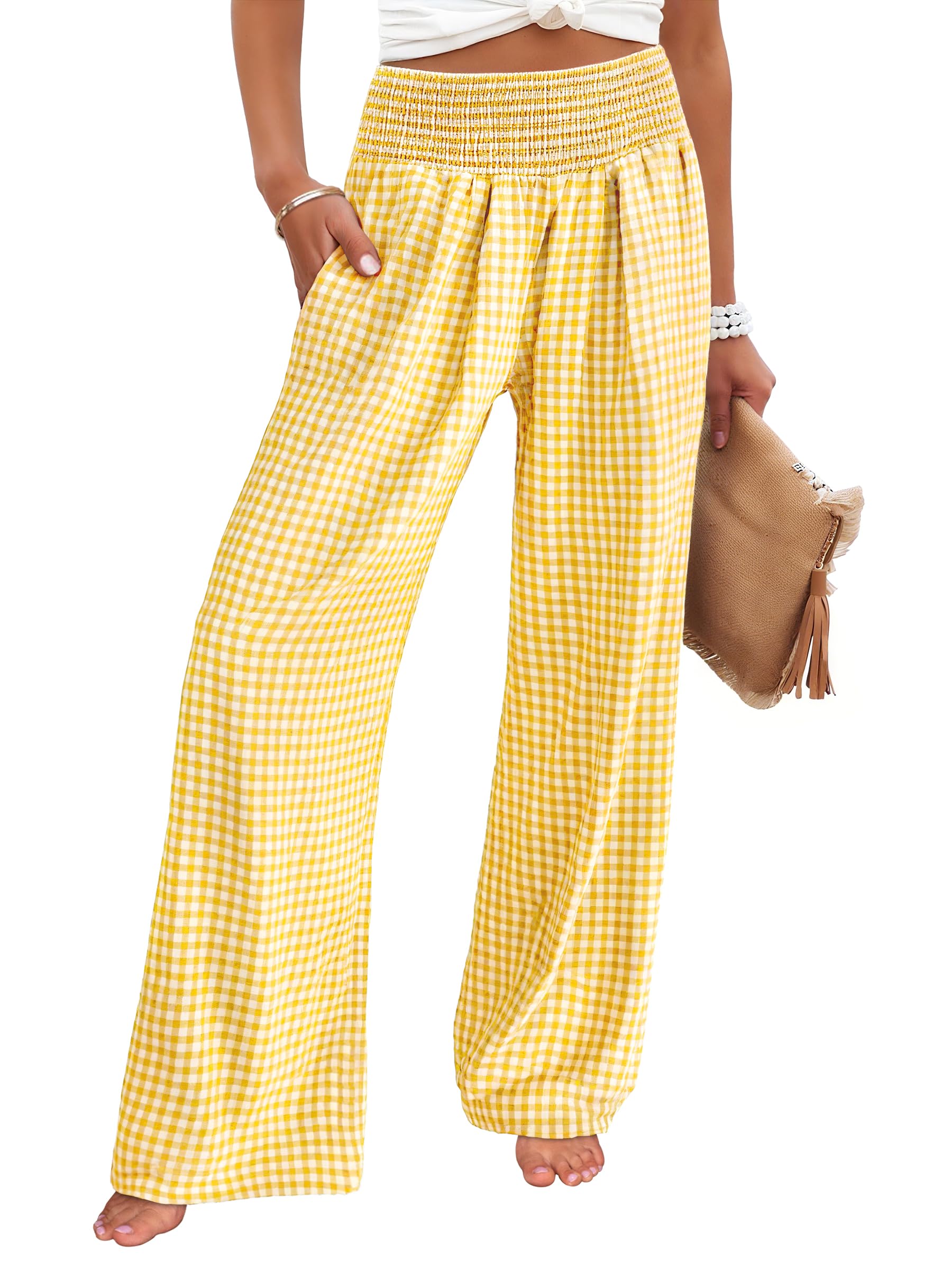 ANRABESS Womens Striped Gingham Palazzo Pants | Wide Leg Smocked High Waisted Pajama Pants, Lounge & Casual, Summer Fall Cute Pants with Pockets