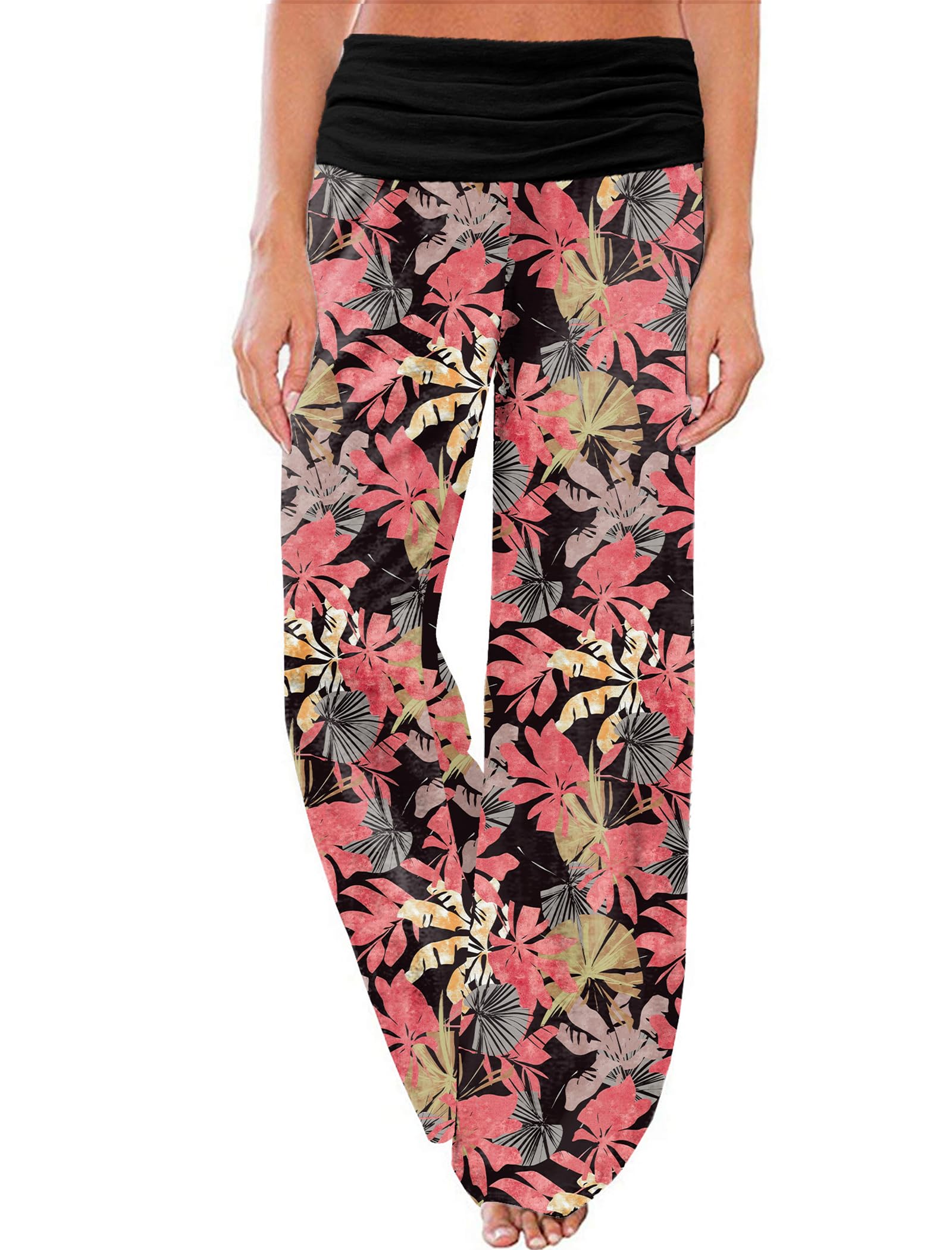 Gracyoga Women's Comfy Pajama Pants Wide Leg Lounge Palazzo Yoga Pants Stretch Casual Floral Print Fold Waist Pants