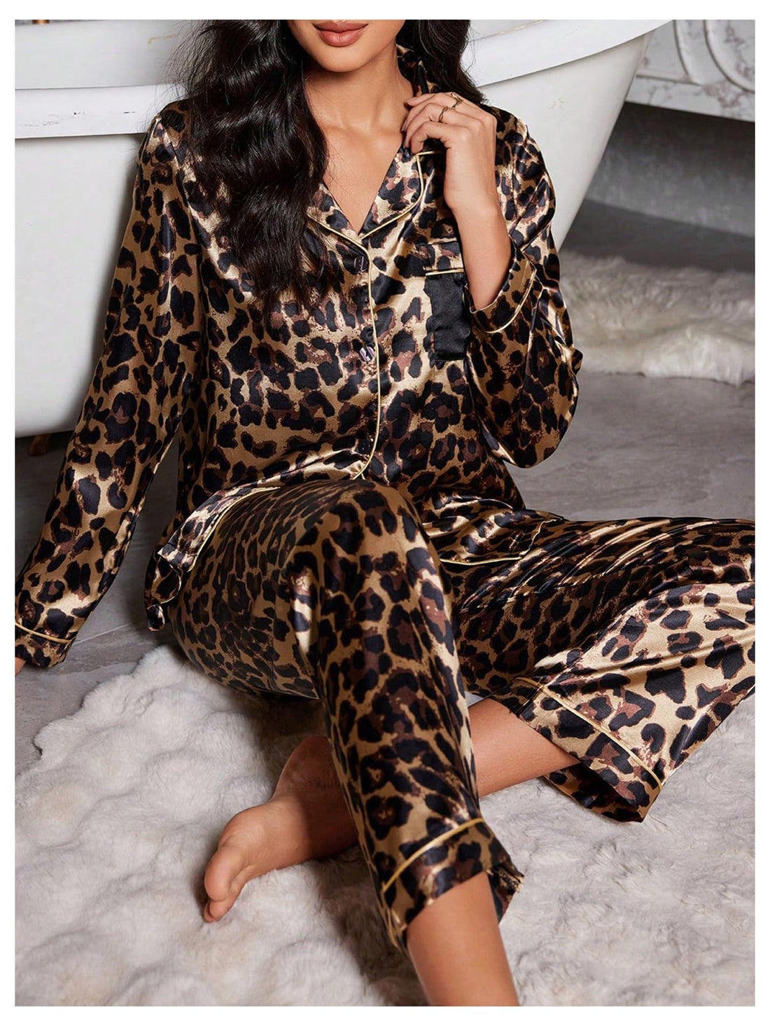 WDIRARA Women's 2 Piece Leopard Print Satin Pajama Set Lounge Sleepwear Set | Animal Print,Leopard Print Satin,Long Sleeve,Button Down,Cheetah Silk Loungewear Pj WEBE CLOTHING