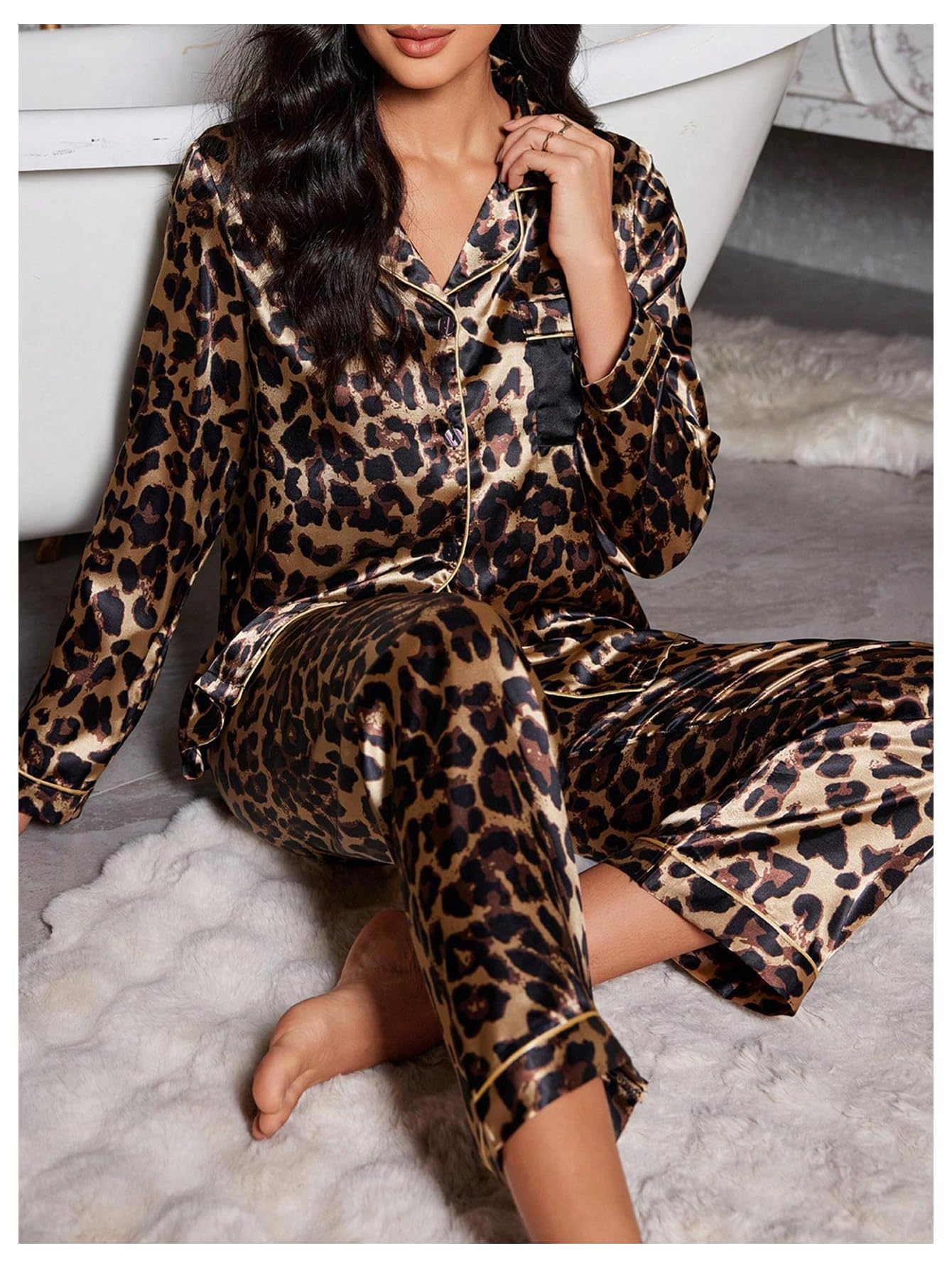 WDIRARA Women's 2 Piece Leopard Print Satin Pajama Set Lounge Sleepwear Set | Animal Print,Leopard Print Satin,Long Sleeve,Button Down,Cheetah Silk Loungewear Pj WEBE CLOTHING