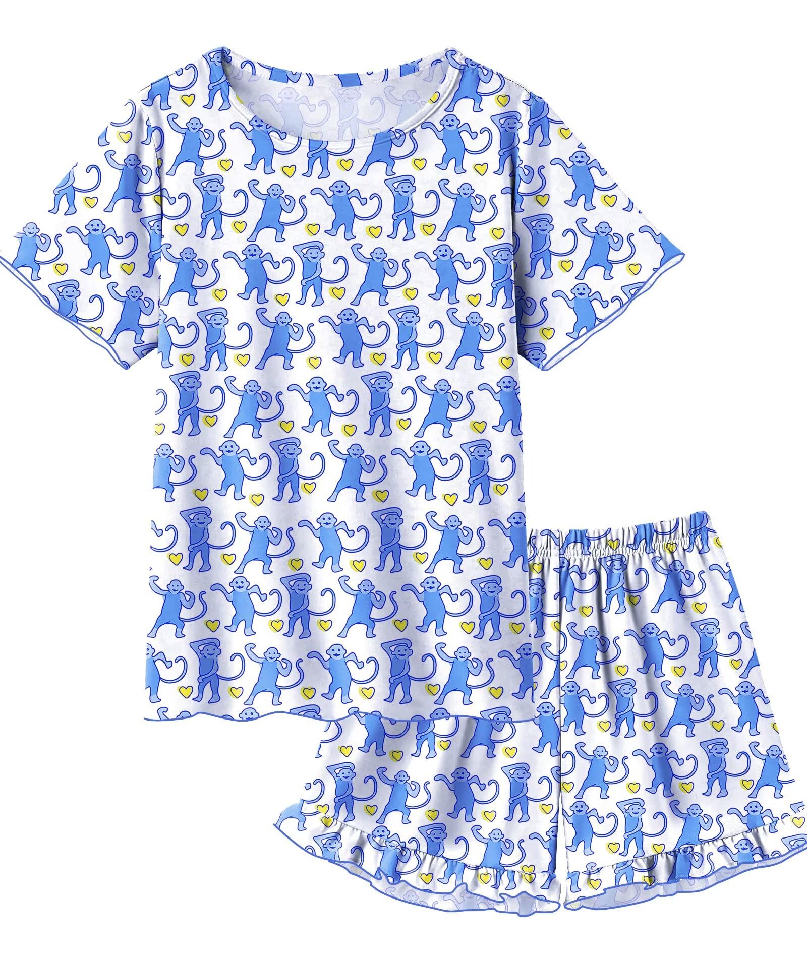 SWOMOG Girls Pajama Set Short Sleeve Tops & Ruffled Shorts with Pocket 2 Piece Summer Pajamas for Kids Size 6-15