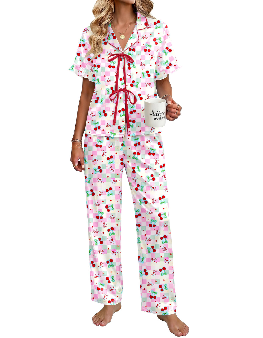 Ekouaer Womens Satin Pajama Sets Silky Tie Front Ruffle Pjs Sets Sleepwear | Soft lightweight satin fabric; tie-front top with ruffle cuffs, ideal for loungewear, bridal party and vacation wear WEBE CLOTHING
