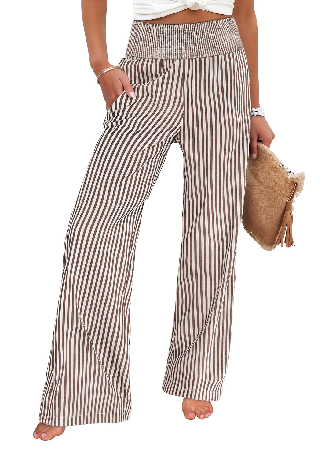 ANRABESS Womens Striped Gingham Palazzo Pants | Wide Leg Smocked High Waisted Pajama Pants, Lounge & Casual, Summer Fall Cute Pants with Pockets