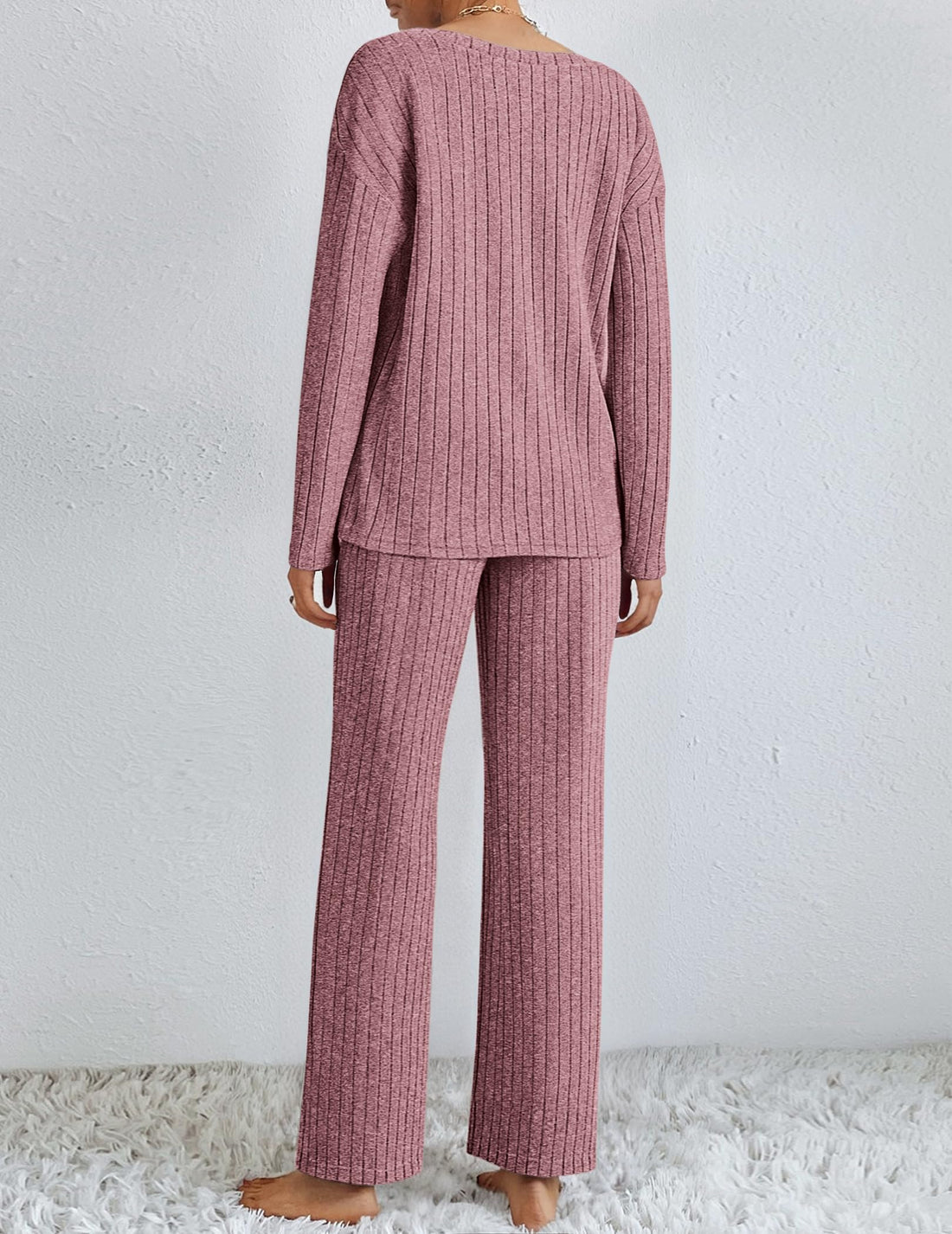 Ekouaer Lounge Sets for Women Long Sleeve Knit Ribbed Pajama Sets 2 Piece Casual Loungewear with Pockets