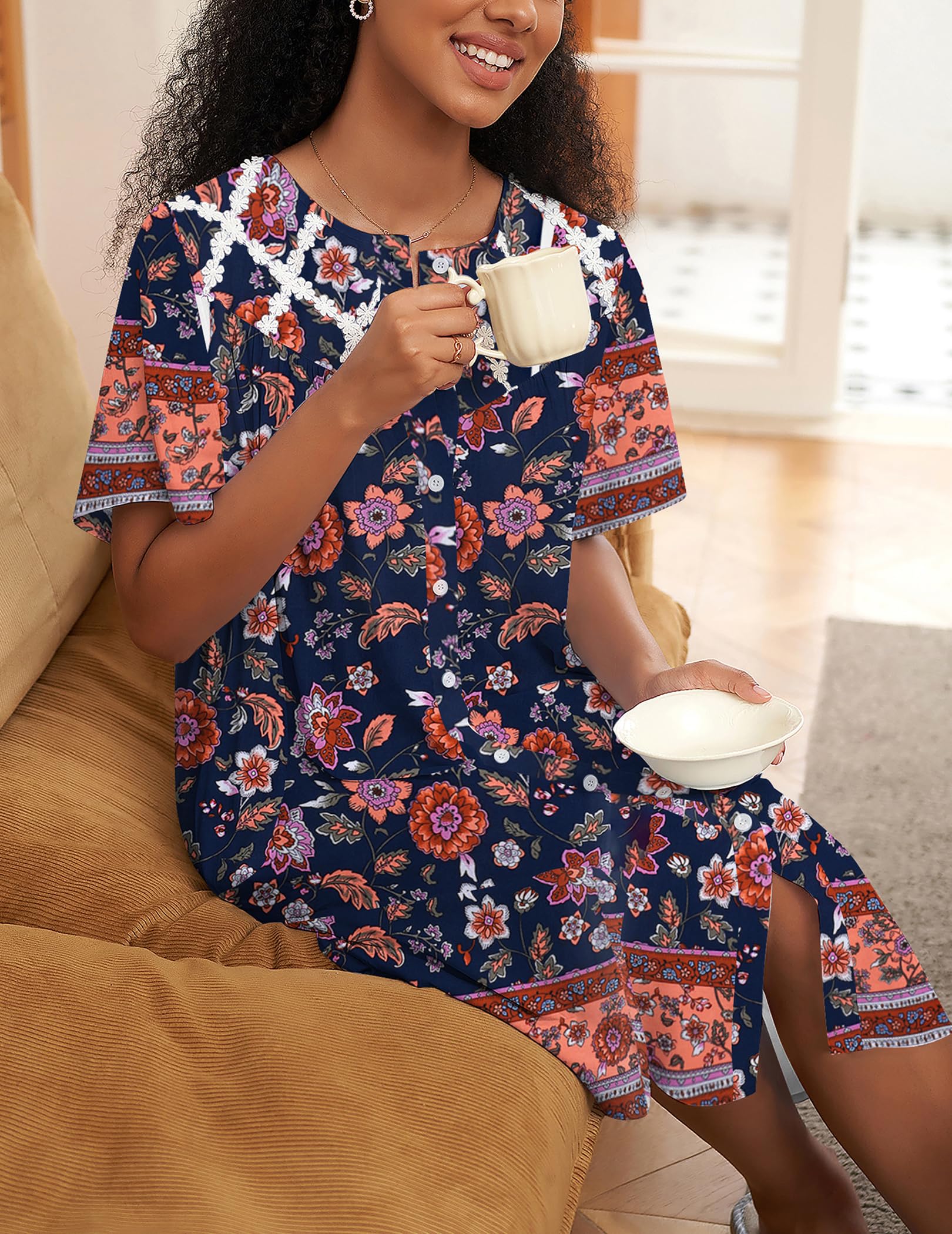 Ekouaer House Dress for Women Button Down Nightgown Short Sleeve Housecoat with pockets S-4XL WEBE CLOTHING