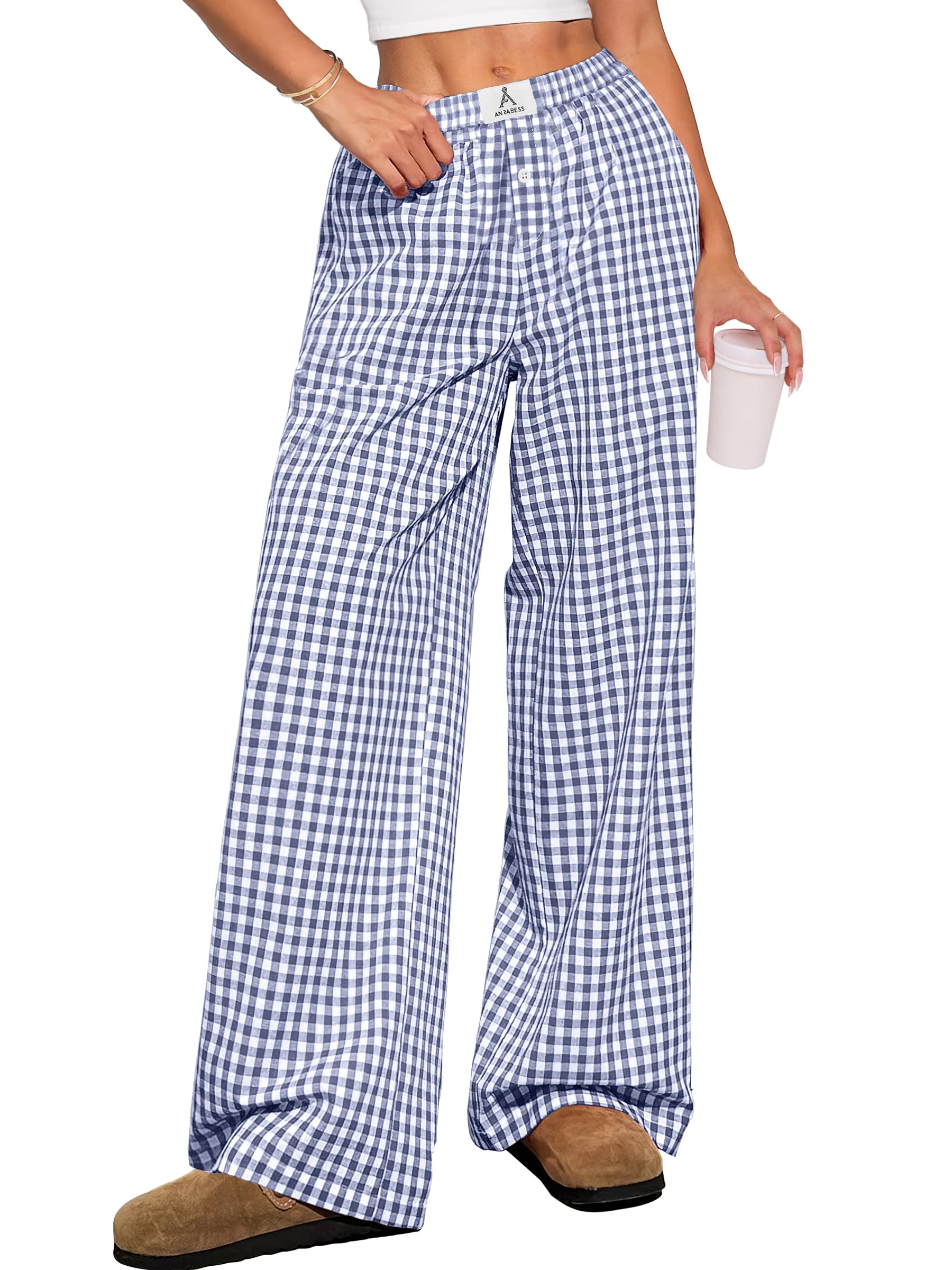 ANRABESS Womens Gingham Striped Boxer Pants | Wide Leg Elastic Waist with Pockets, Lounge Pajama Bottoms Home Daily Wear, Lightweight Breathable, Casual Summer Fall