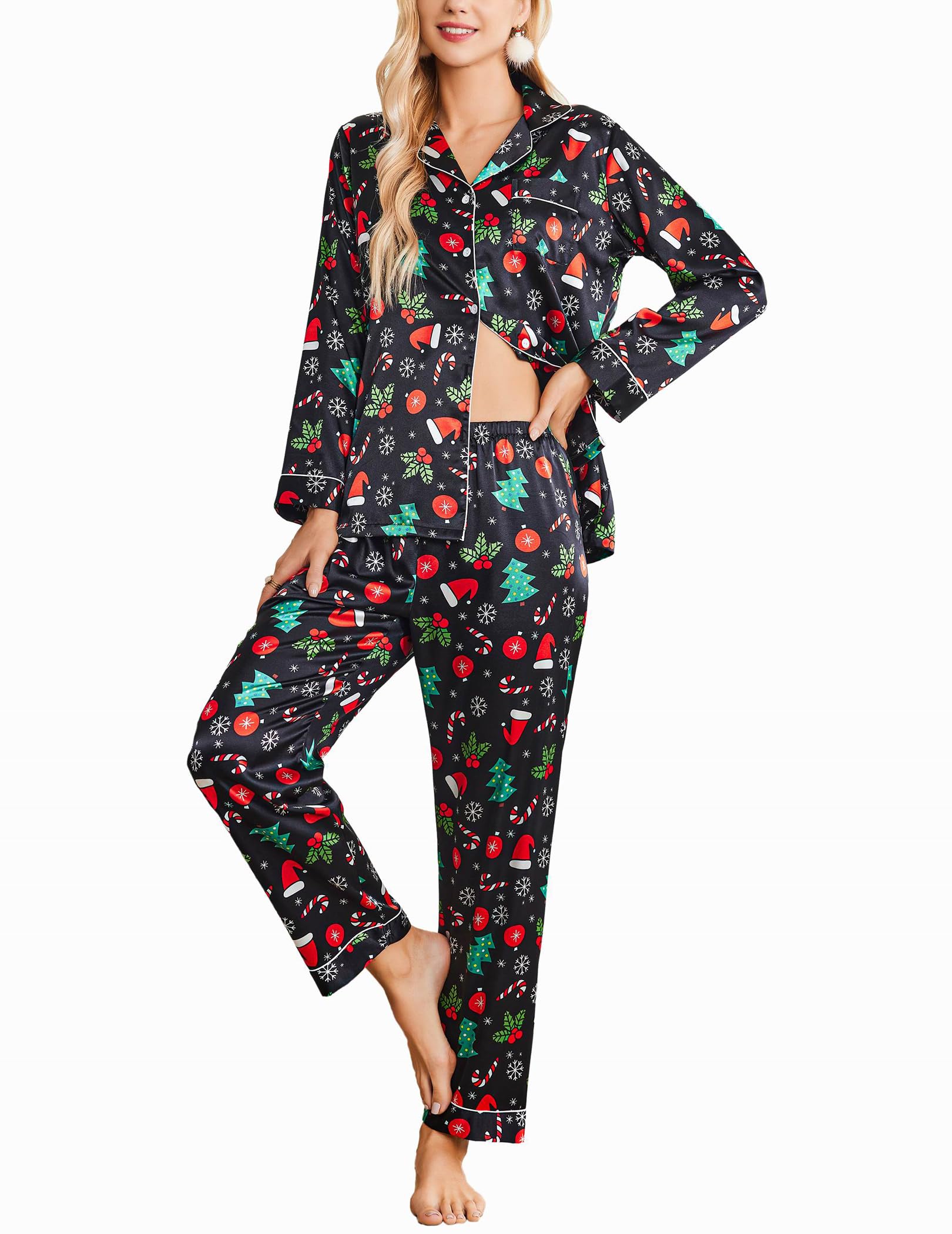 Ekouaer Womens Satin Silky Pajama Set Classic Pattern Button Down Pjs Set | Soft Fabric, Long Sleeve Notch Collar with Contrast Piping, Chest Pocket, Gifting Sleepwear WEBE CLOTHING
