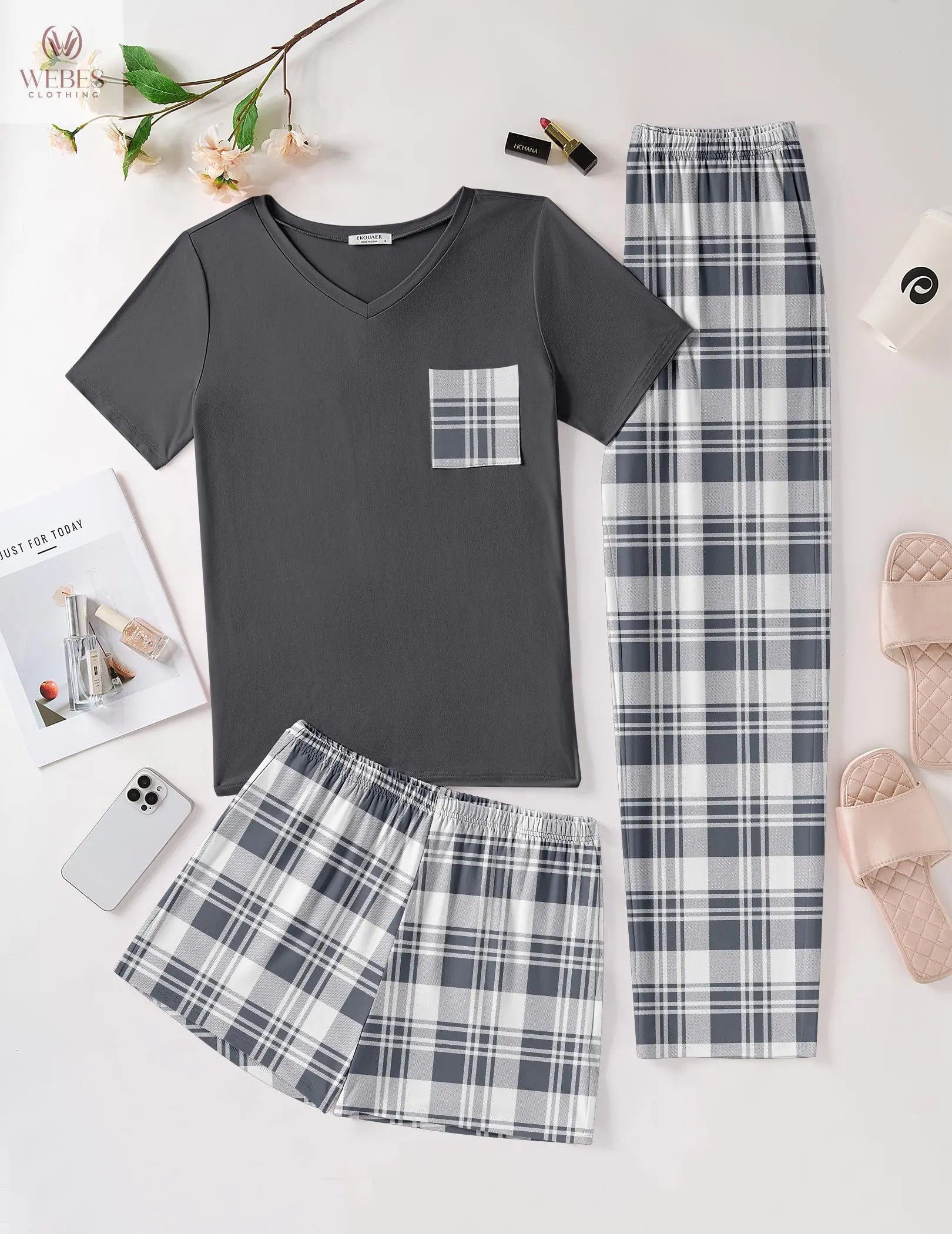 Ekouaer Women's 3 Piece Pajama Set Short Sleeve Sleepwear Pj Set Top and Shorts Pants Pjs with Pockets WEBE CLOTHING