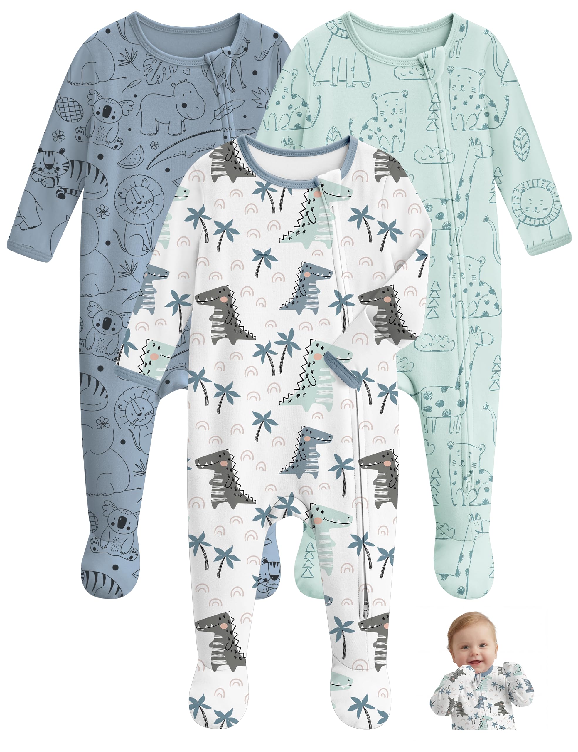 Unnivoll Baby Pajamas 100% Cotton Baby Sleepers for Newborn 0-3 3-6 6-9 Months 3Pcs Footie Pajamas Baby Boys Girls Clothes