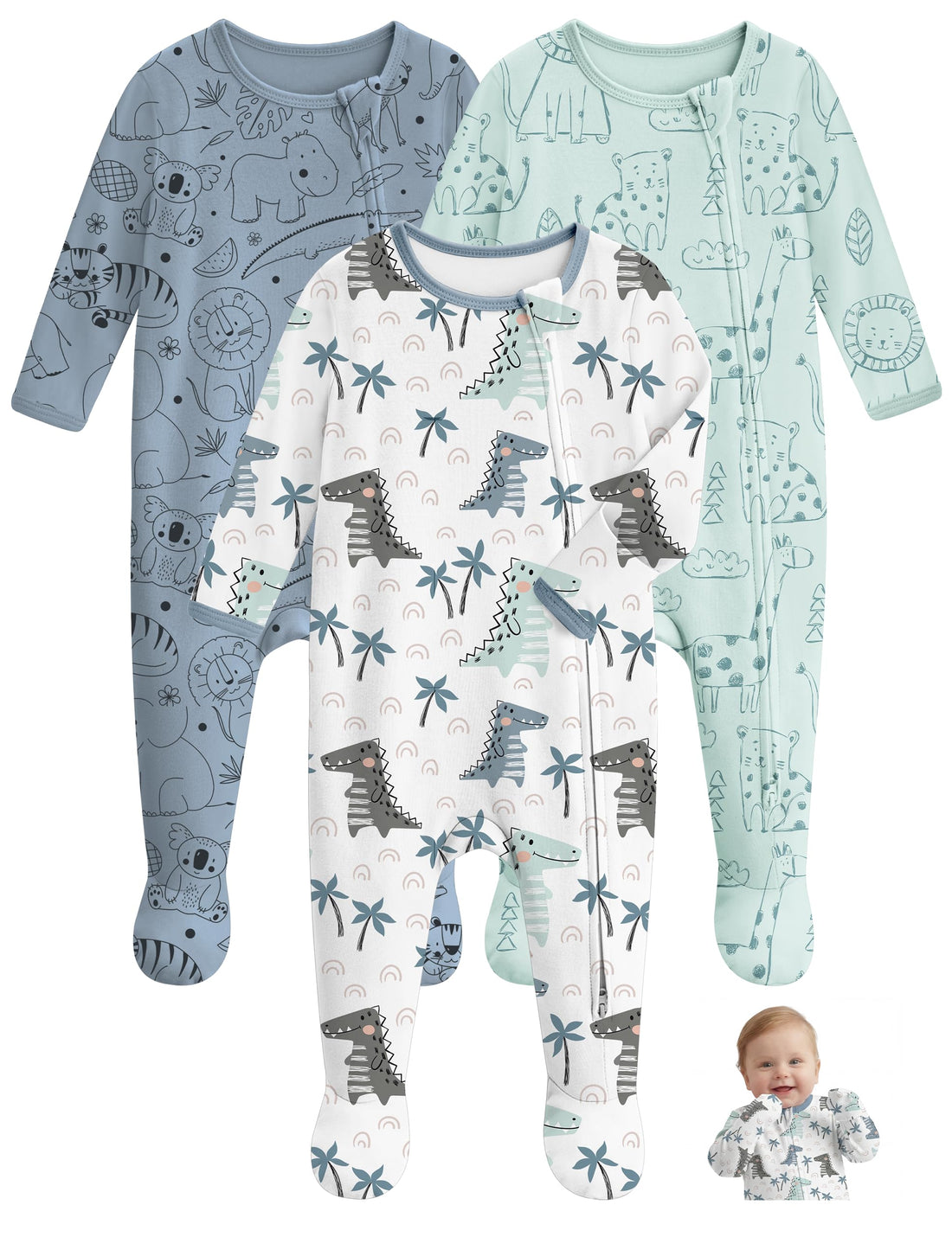 Unnivoll Baby Pajamas 100% Cotton Baby Sleepers for Newborn 0-3 3-6 6-9 Months 3Pcs Footie Pajamas Baby Boys Girls Clothes