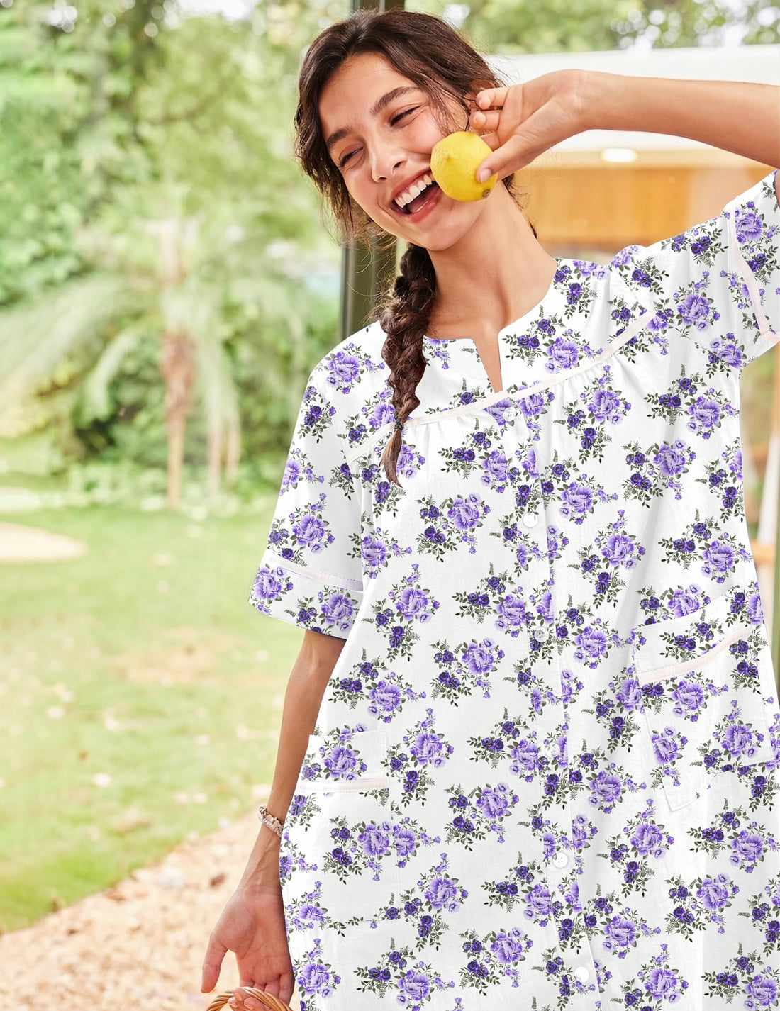 Ekouaer House Dress for Women with Pockets Duster Button Down Nightgown | Nightgowns for Women, Button Dwon House Dress with Pockets, Short Sleeve Duster Housecoat, Moo Moos for Elderly, Mumu Dress WEBE CLOTHING