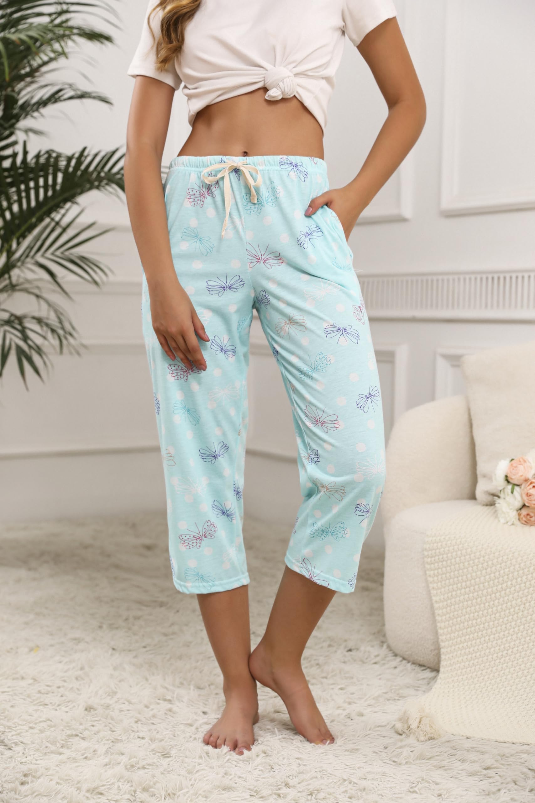 PNAEONG 3 Pack Women Pajama Pants Capri Length Drawstring Pj Bottoms Sleep Lounge Pants with Pockets S-3XL