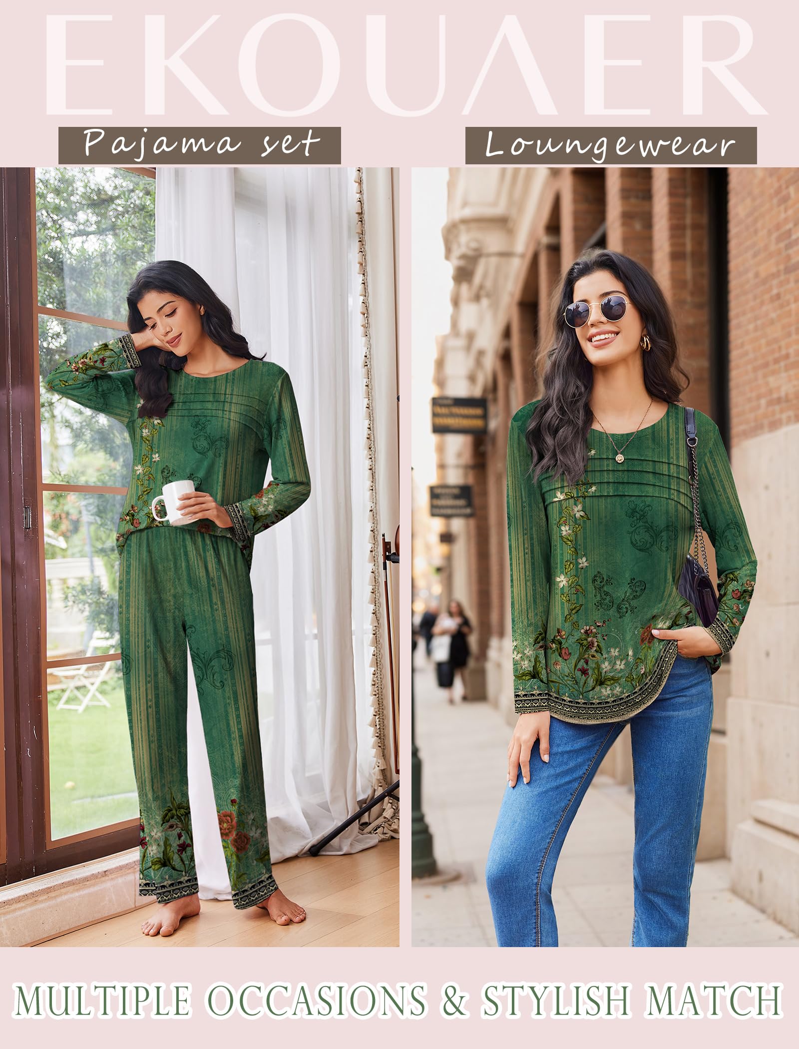 Ekouaer Womens Pajama Sets Pleated Tops with Long Pants Lounge Set Long Sleeve Fall Sleepwear Ladies Pjs S-XXL
