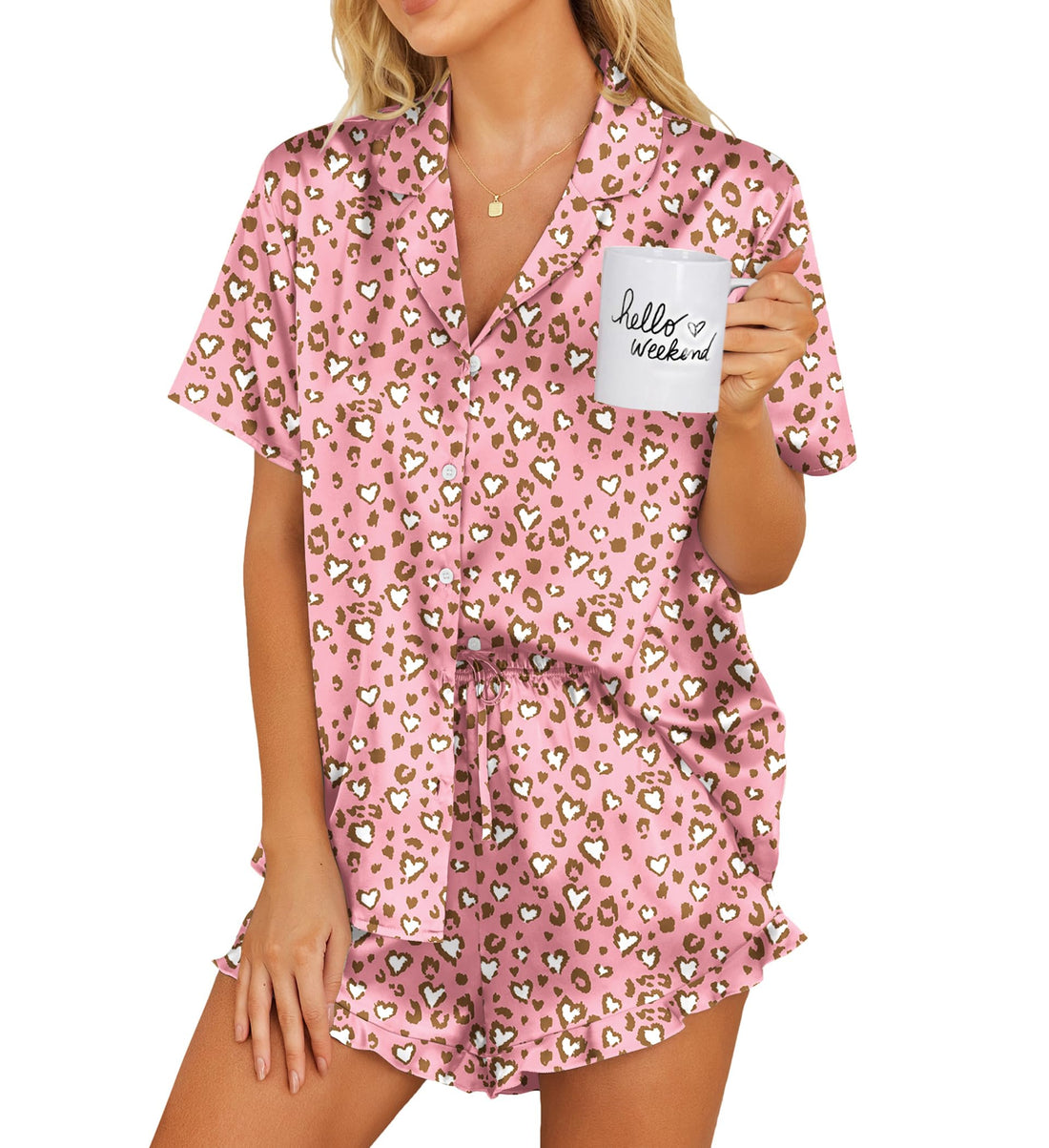 Ekouaer Womens Satin Pajamas Set Button Down 2 Piece Silk Pjs Shorts Set Ruffle Lingerie Notch Collar Sleepwear