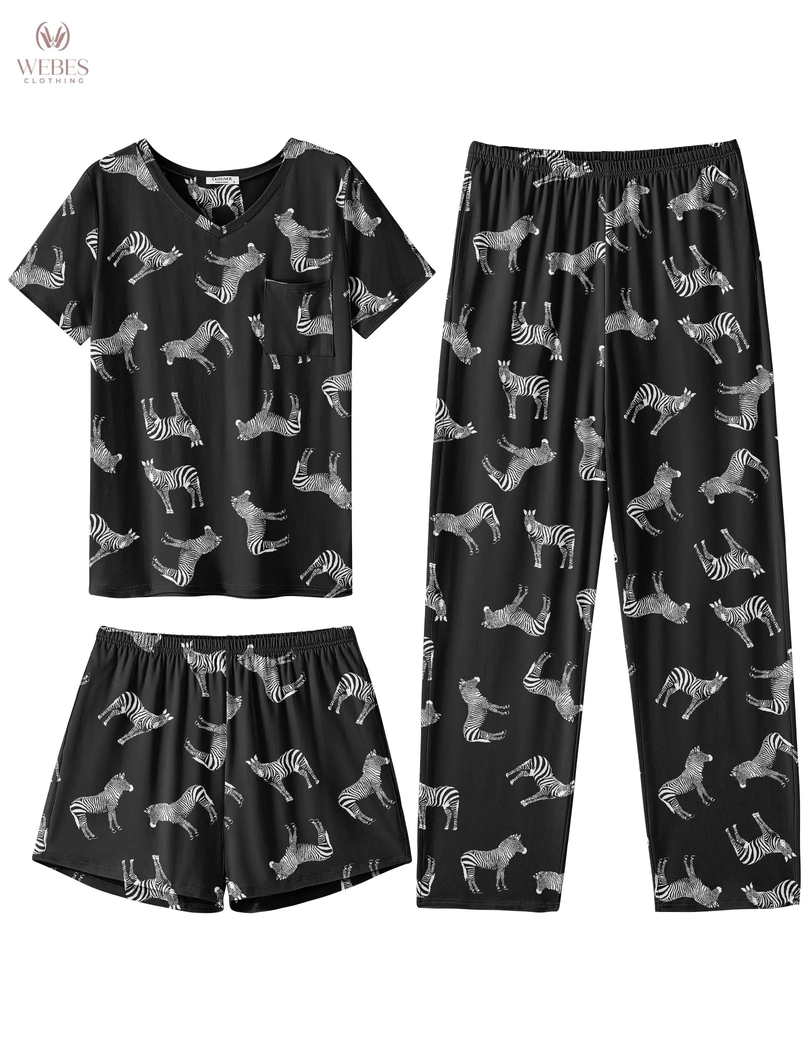 Ekouaer Women's 3 Piece Pajama Set Short Sleeve Sleepwear Pj Set Top and Shorts Pants Pjs with Pockets WEBE CLOTHING