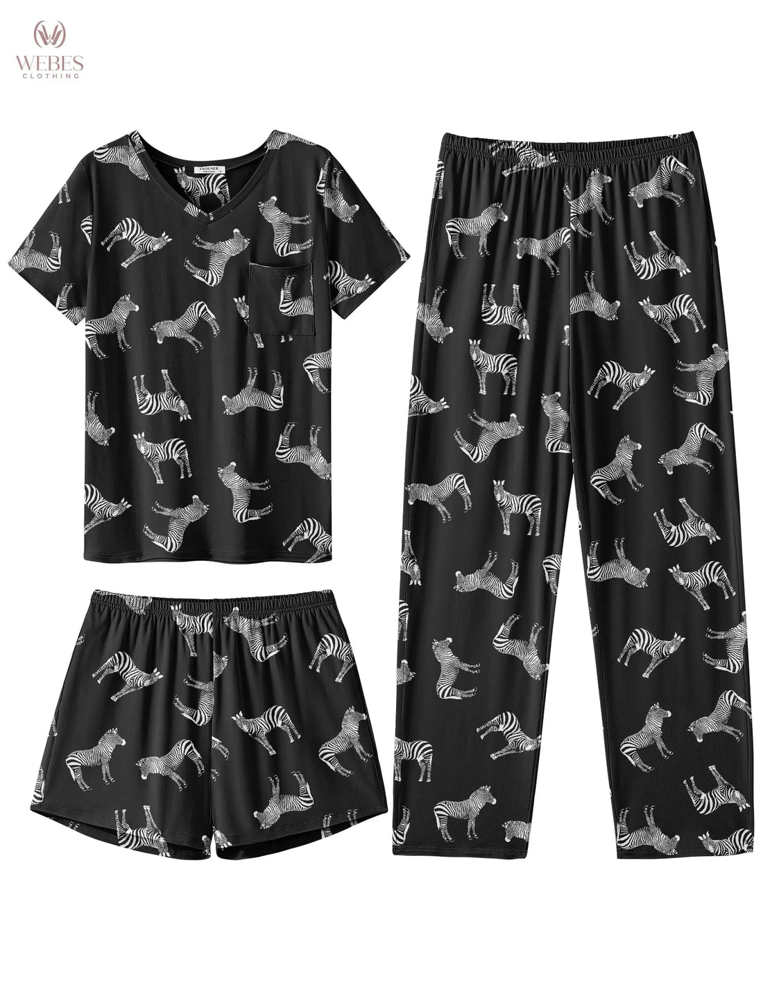 Ekouaer Women's 3 Piece Pajama Set Short Sleeve Sleepwear Pj Set Top and Shorts Pants Pjs with Pockets WEBE CLOTHING