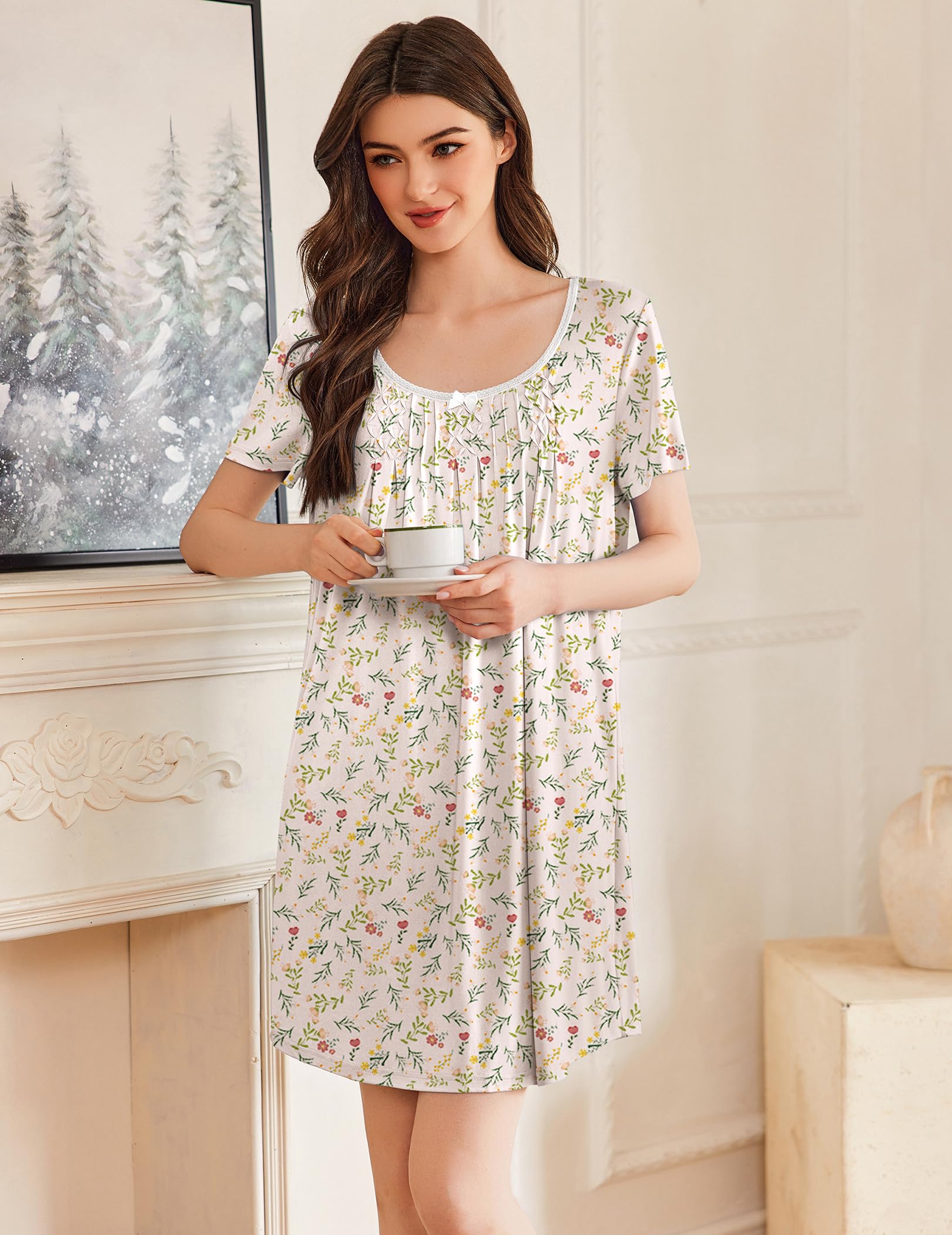 Ekouaer Nightgowns for Women Pleated Sleep Shirts Short Sleeve Night Shirts Lace Trim Night Gown Ladies Sleep Dress