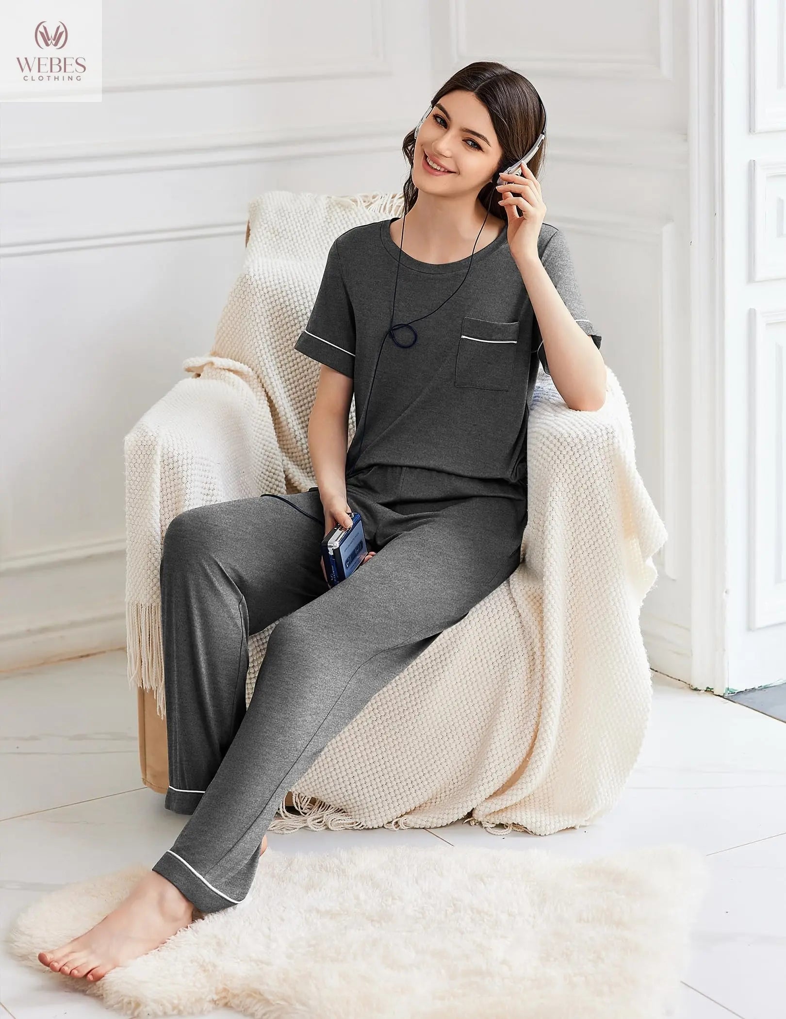 Ekouaer Womens Pajama Sets 2 Piece Pjs Sleepwear Comfy Lounge Set | Short Sleeve Top & Long Pants with Pockets,Soft Lightweight Stretchy Fabric,Summer Loungewear,Gift for Wife,Mom,Friends WEBE CLOTHING