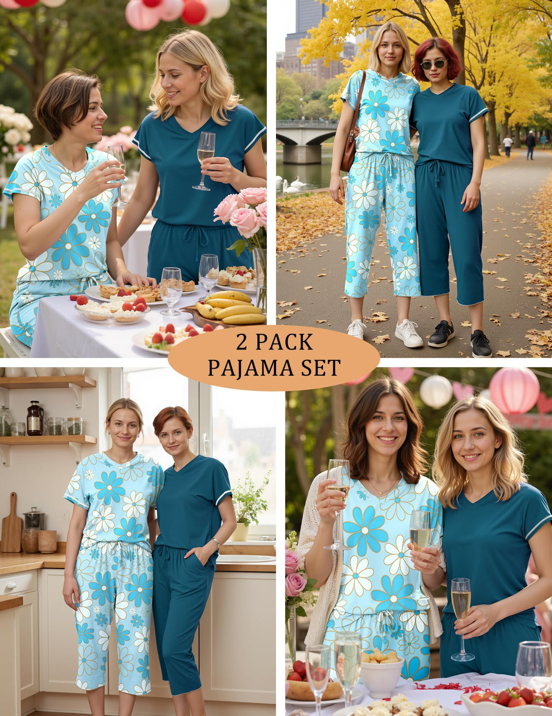 Marvmys Womens 2 Pack Pajama Sets Short Sleeve Sleepwear Capri Pants Pjs | Pockets, Lightweight, Cooling Pyjamas, Nightwear Comfy for Daily Wear, Pajams sets, Sleep, Travel, Wife, Mom WEBE CLOTHING