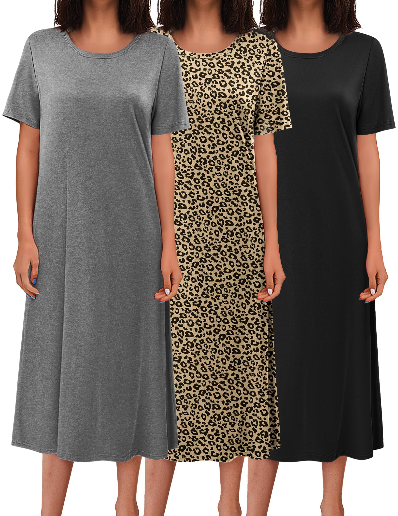 Ekouaer 3 Pack Long Nightgowns for Women Full Length Short Sleeve Nightshirt Soft Plus Size Sleepwear Casual Loungwear WEBE CLOTHING