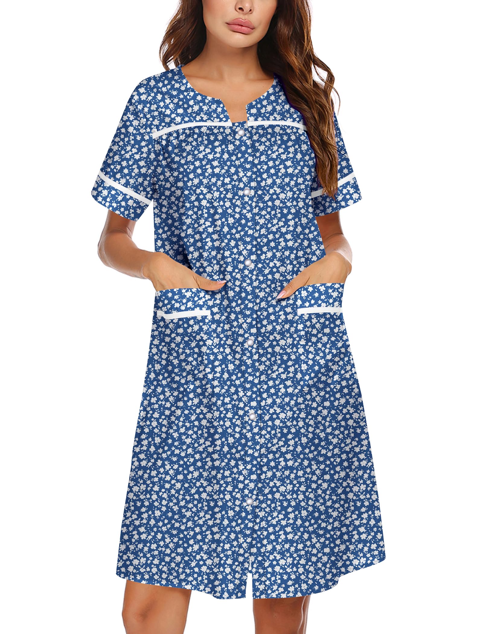 Ekouaer Nightgowns for Women House Dress with Pockets Snap Front House Coat | Duster Mumu Dress, Short Sleeve Moo Moos, Plus Size Sleepwear, Casual Lounge Dress, Labor Delivery Gown, Daily Wear, Home