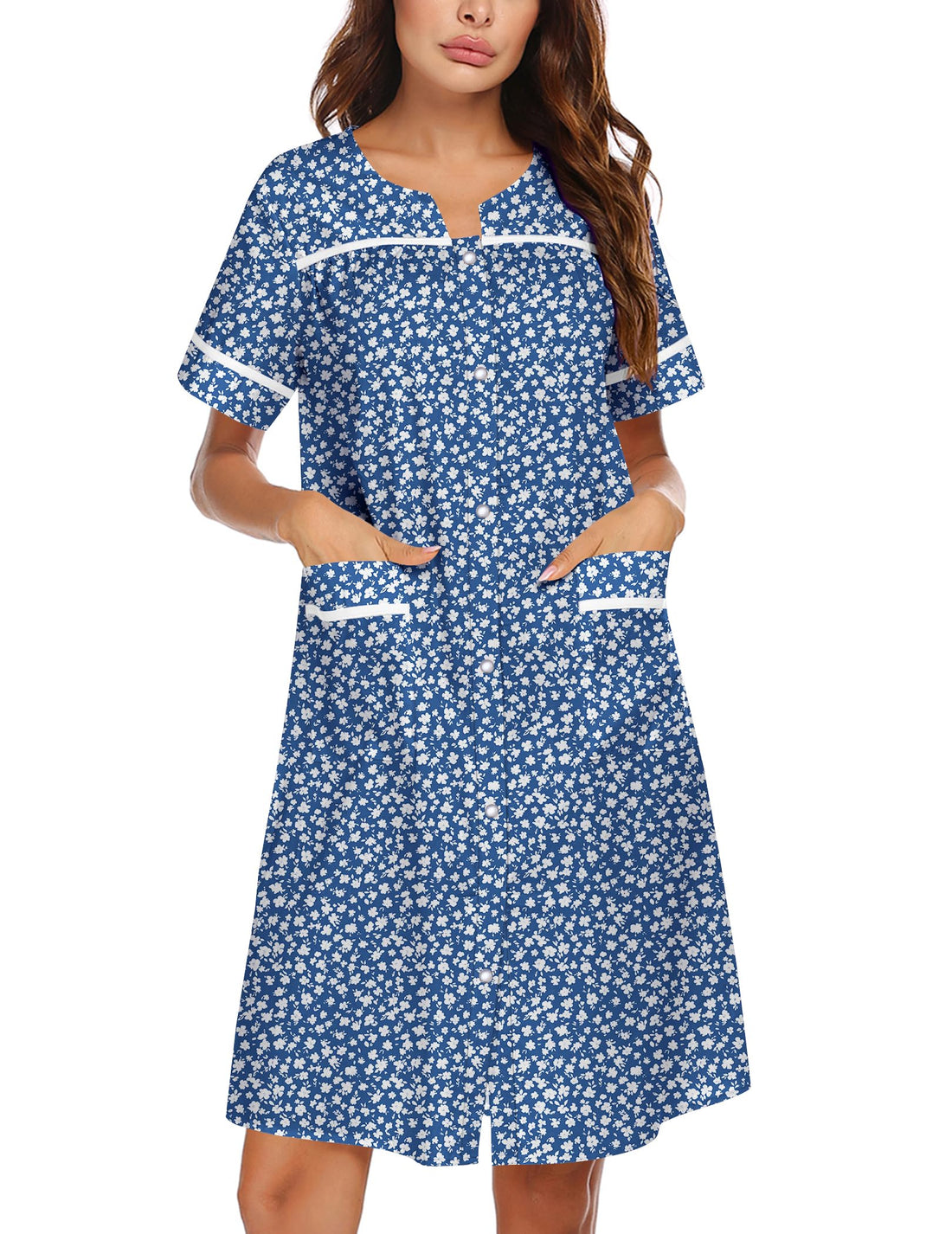 Ekouaer Nightgowns for Women House Dress with Pockets Snap Front House Coat | Duster Mumu Dress, Short Sleeve Moo Moos, Plus Size Sleepwear, Casual Lounge Dress, Labor Delivery Gown, Daily Wear, Home