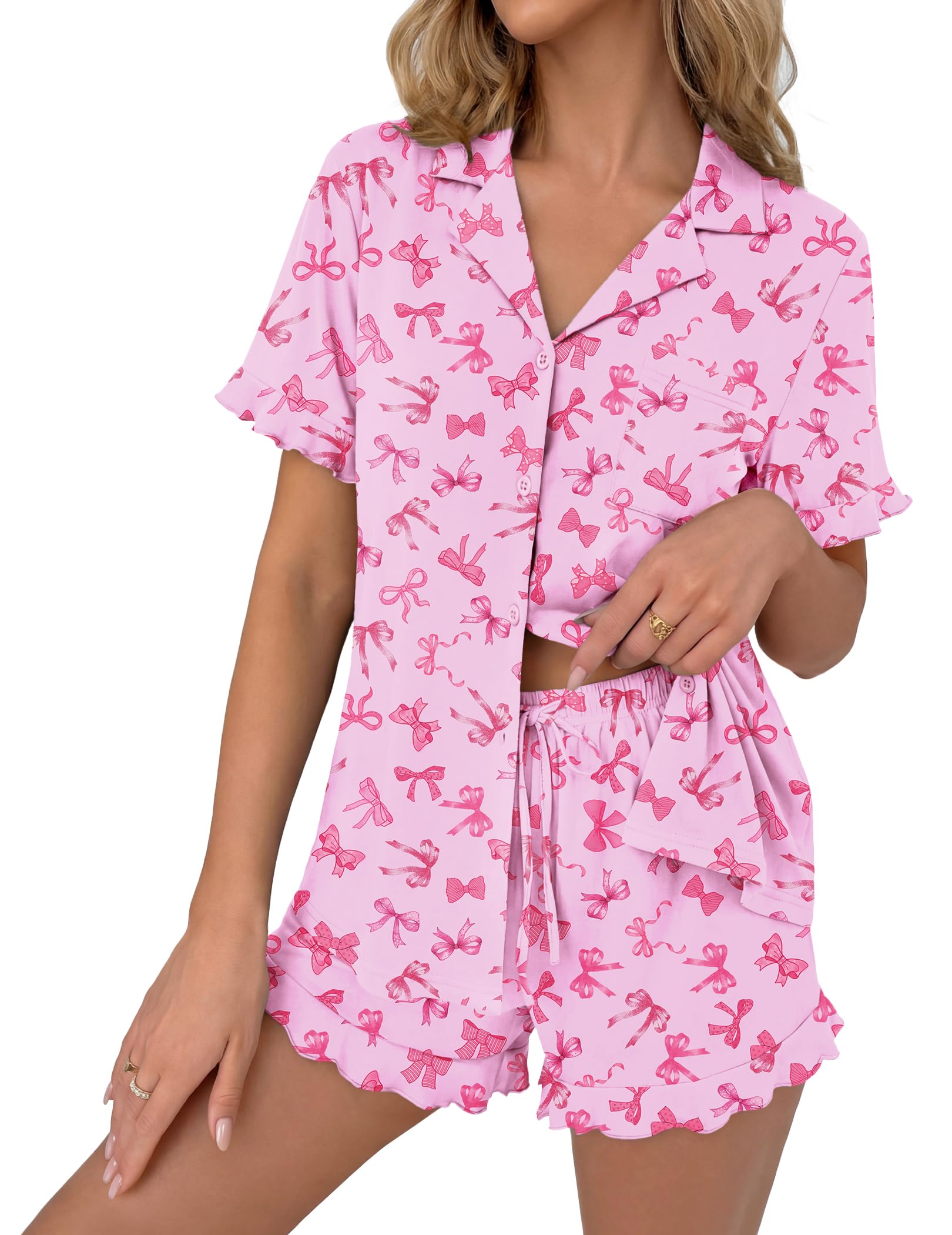 Ekouaer Pajamas Set for Women Button Down Pjs Lounge Sets Ruffle Short Sleeve Sleepwear Cute Loungewear