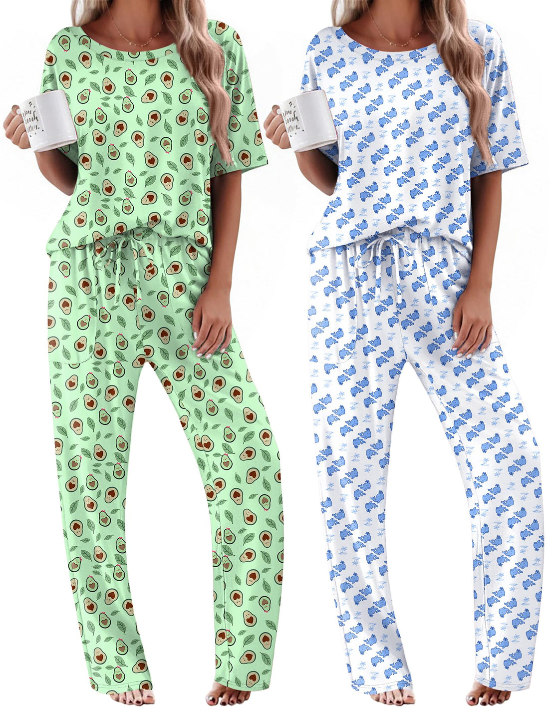 Ekouaer 2 Pack Womens Pajama Sets Short Sleeve Tops and Long Pants Casual Comfy Pjs Lounge Set with Pockets,S-XXL