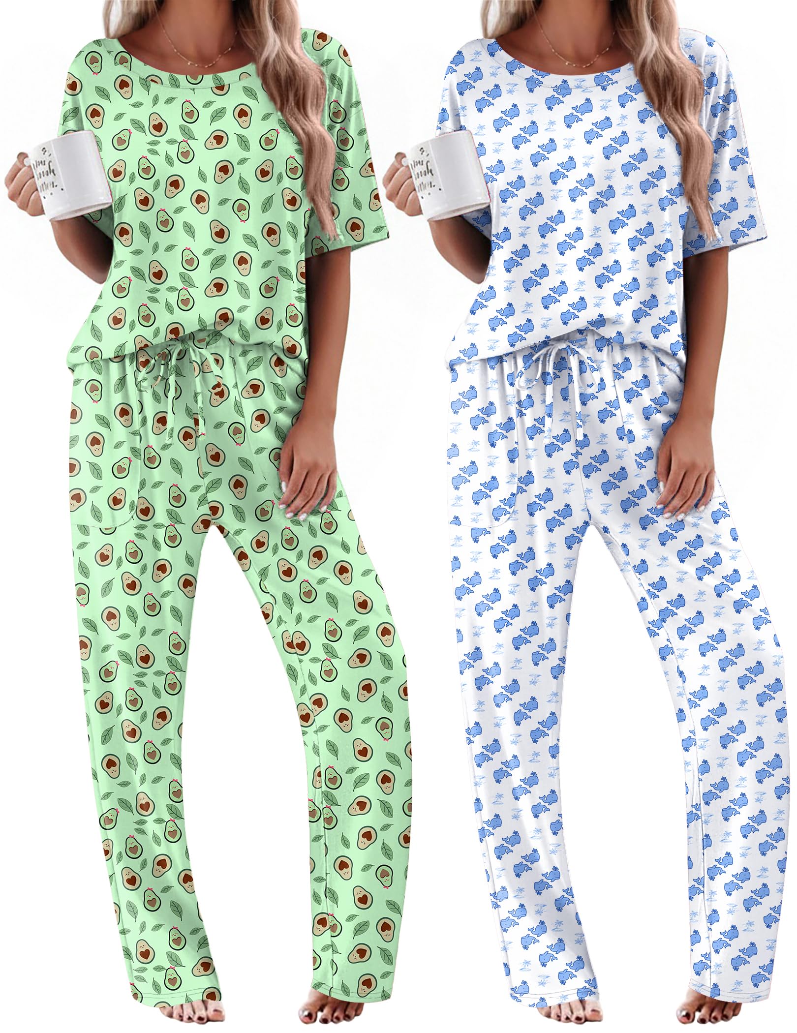 Ekouaer 2 Pack Womens Pajama Sets Short Sleeve Tops and Long Pants Casual Comfy Pjs Lounge Set with Pockets,S-XXL WEBE CLOTHING