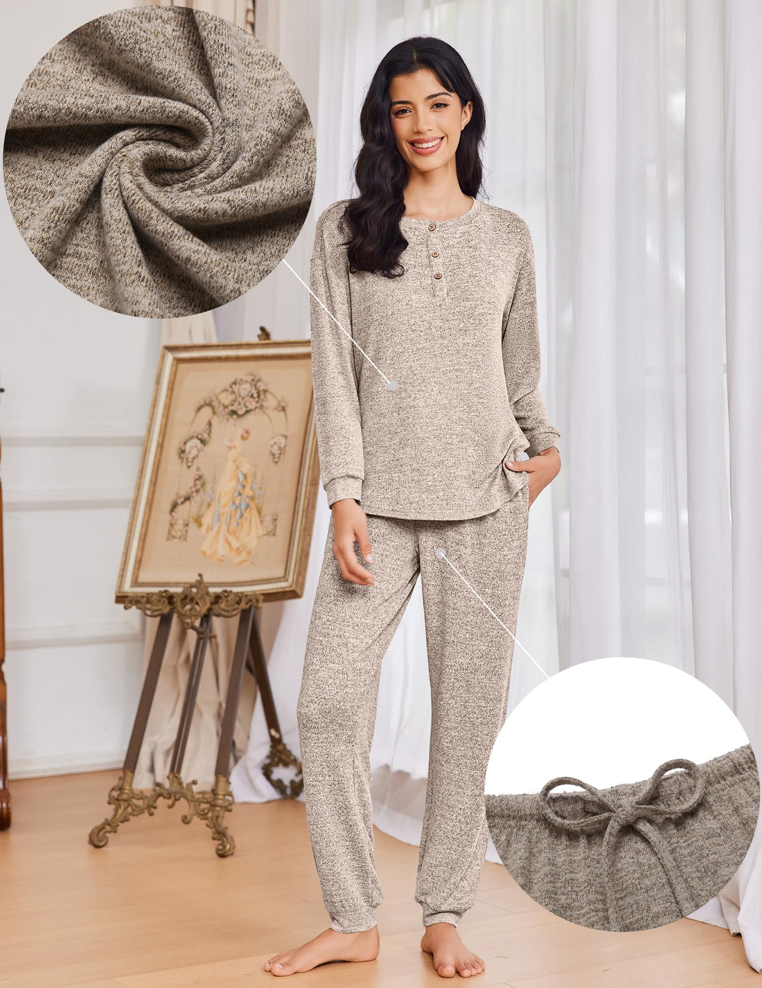 Ekouaer Womens Pajama Sets Long Sleeve Lounge Set 2 Piece Pj Sets for Women Henley Neck Casual Sleepwear Loungewear S-XXL