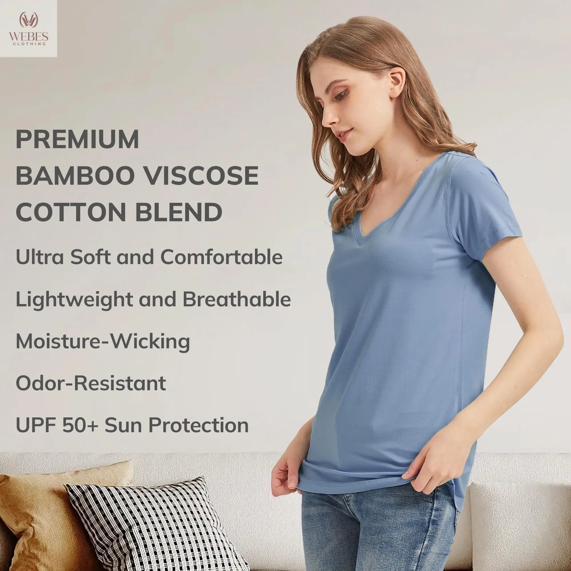 netdraw Women's Ultra-Soft Bamboo Viscose Cotton V-Neck Short Sleeve T-Shirt, Casual Summer Tops for Lounge Sleep Pajama
