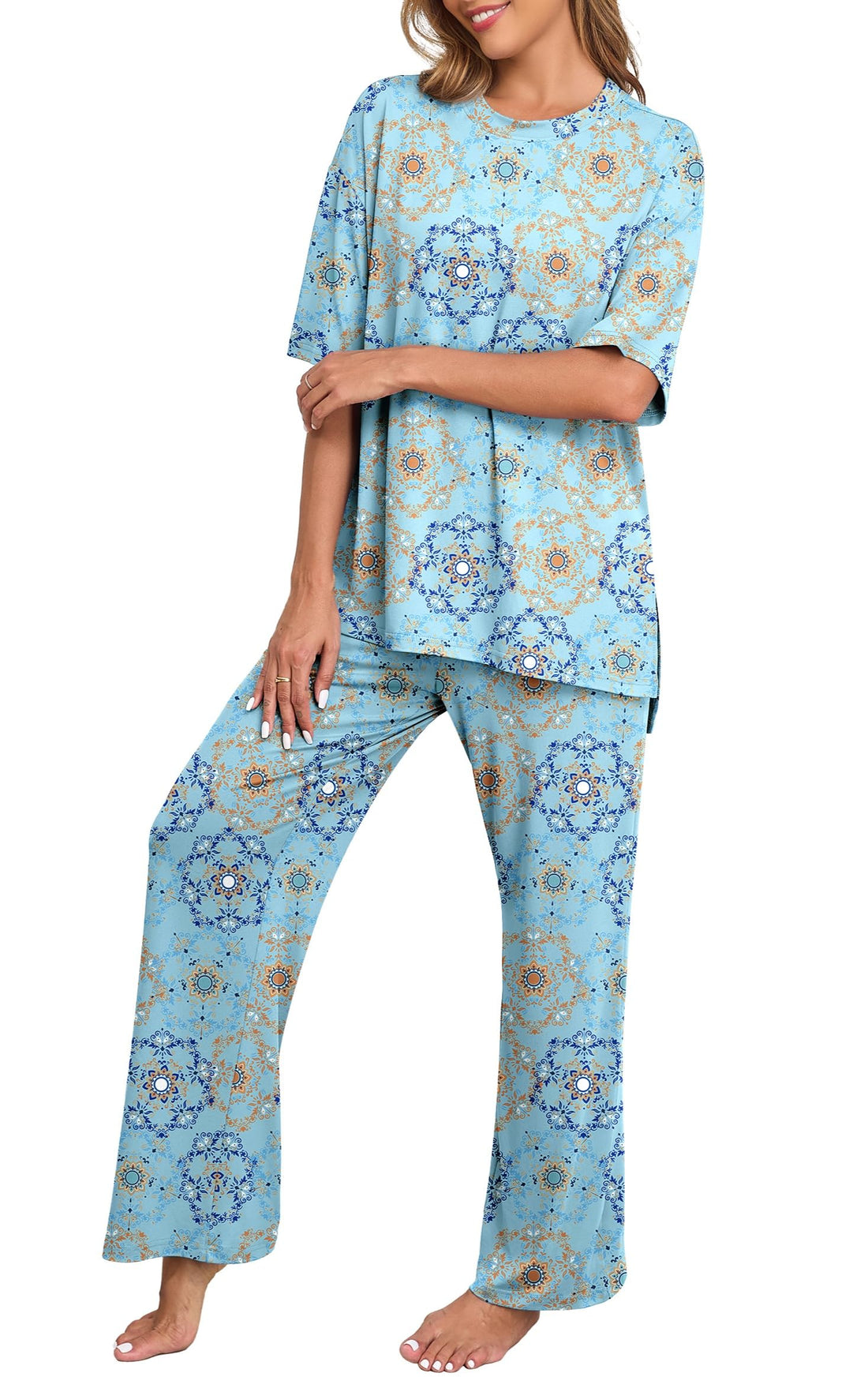 PrinStory Womens Pajamas Sets 2 Piece Lounge Set Short Sleeve Tops and Long Pants Soft Pjs Loungewear with Pockets