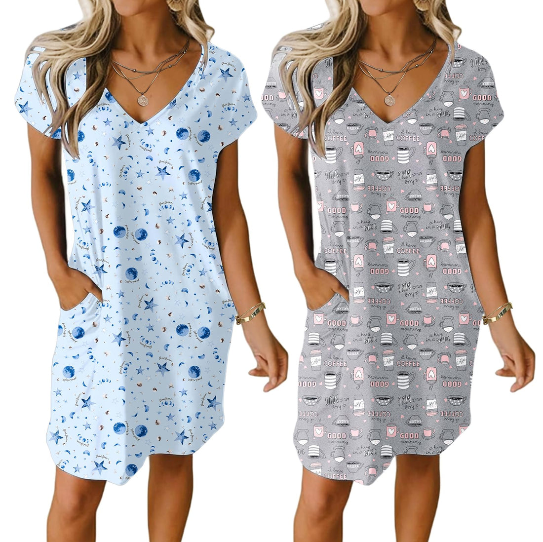 Ekouaer Womens 2 Pack Nightgown V Neck Sleepshirt Short Sleeve Nightshirt Plain/Floral Pajama Dress with Pockets