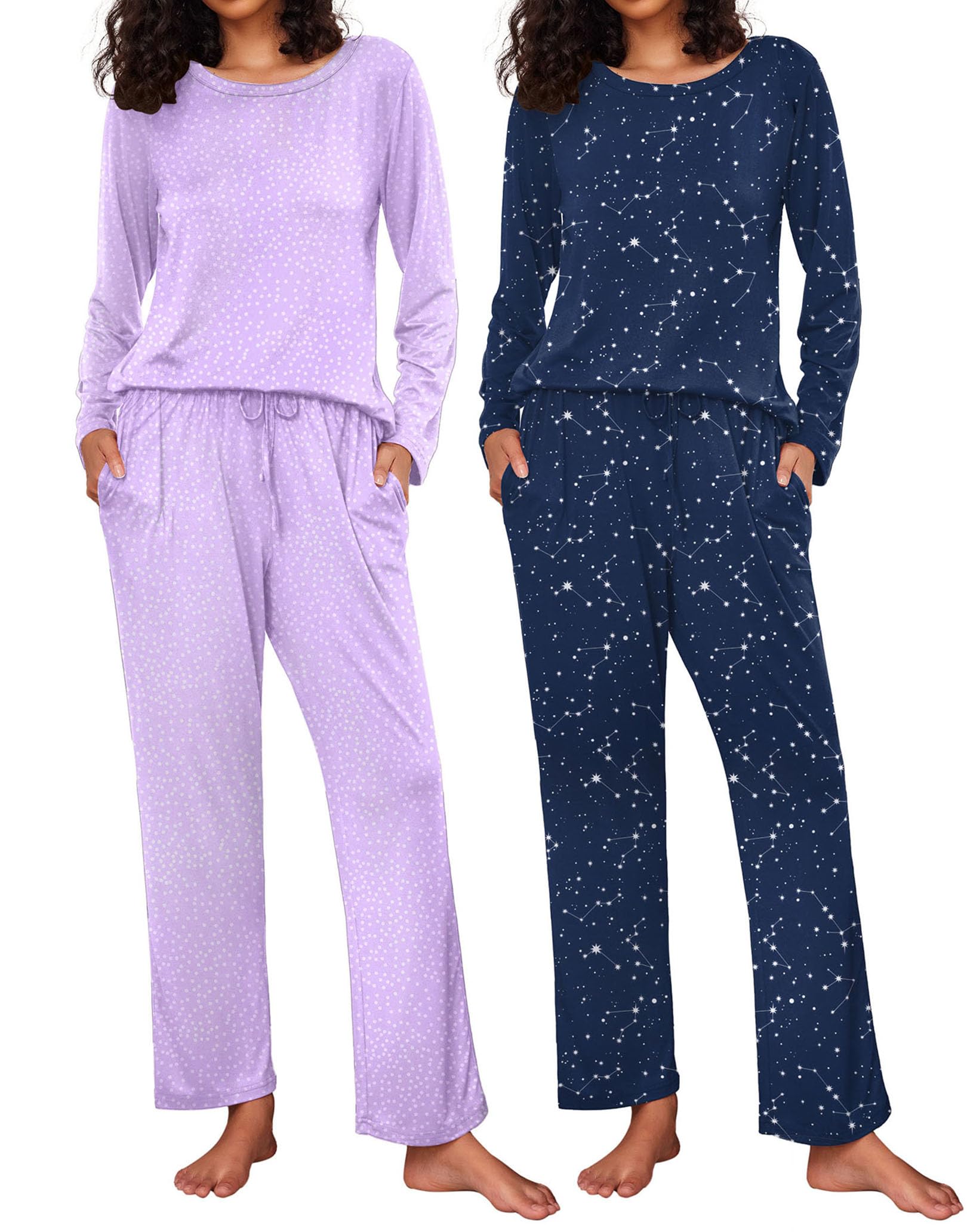 Ekouaer 2 Pack Womens Pajama Sets Long Sleeve Pjs Lounge Set Soft Comfy Sleepwear Winter Loungewear