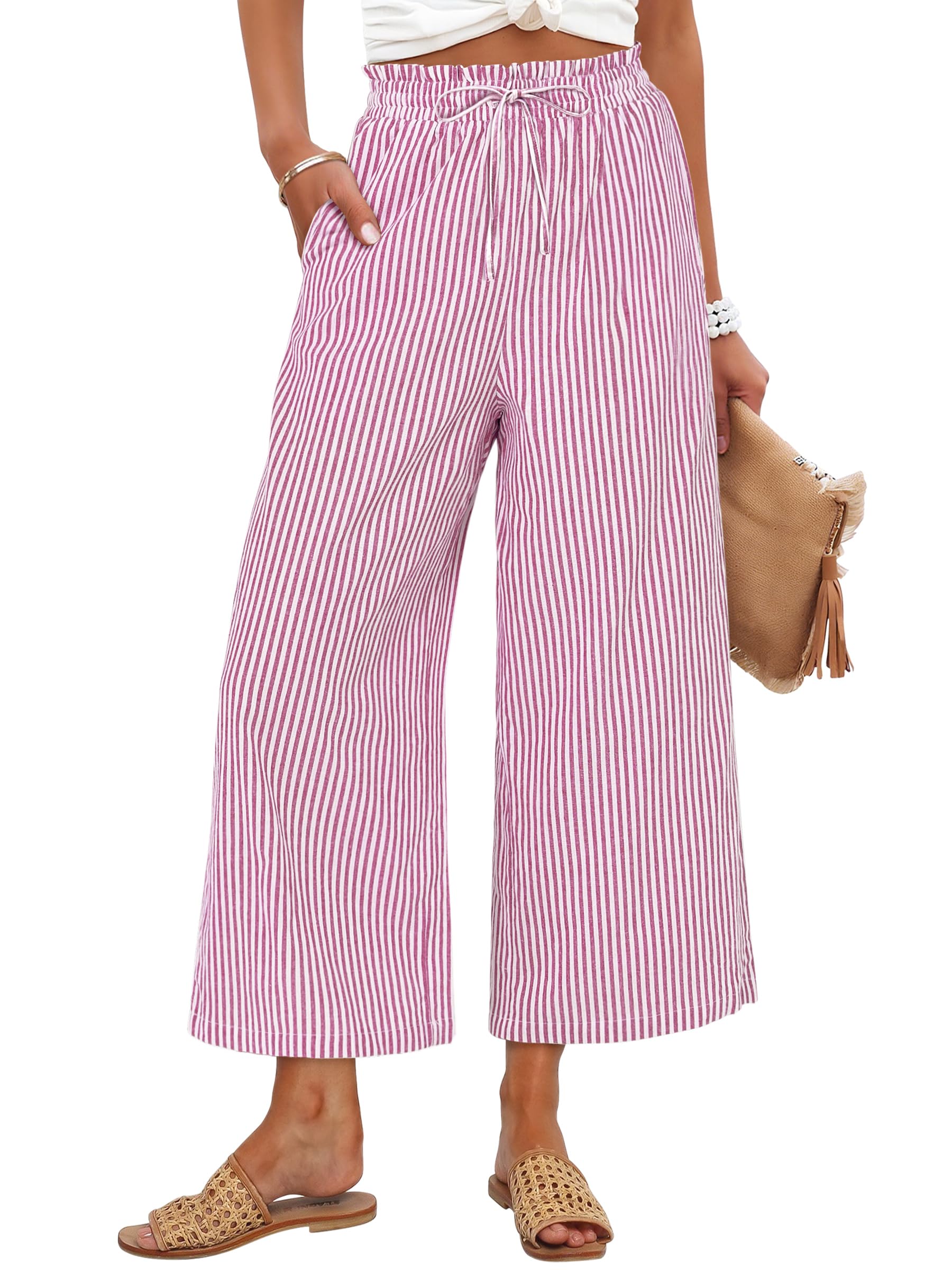 ANRABESS Womens Striped Gingham Palazzo Capri Pants Pajama Wide Leg Lounge Trousers Plaid Cute Crop PJ Bottoms with Pockets