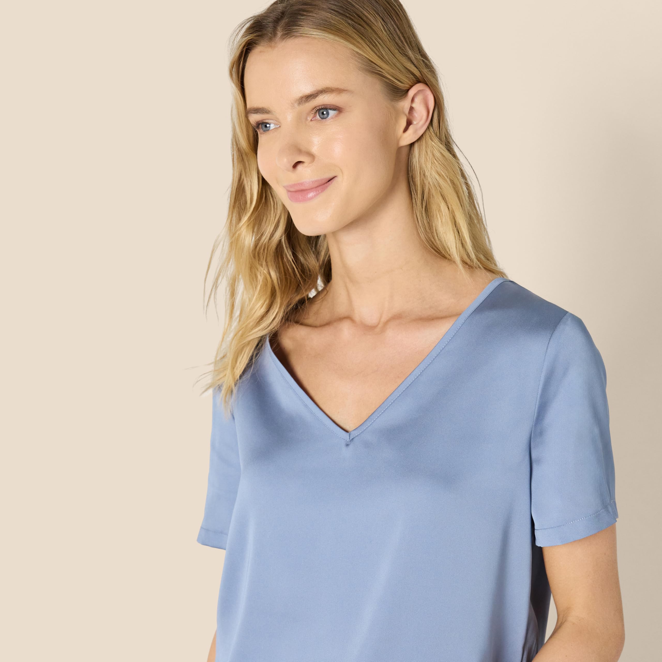 Amazon Essentials Women's Relaxed Fit Satin Short Sleeve V-Neck T-Shirt and Short Sleepwear Set