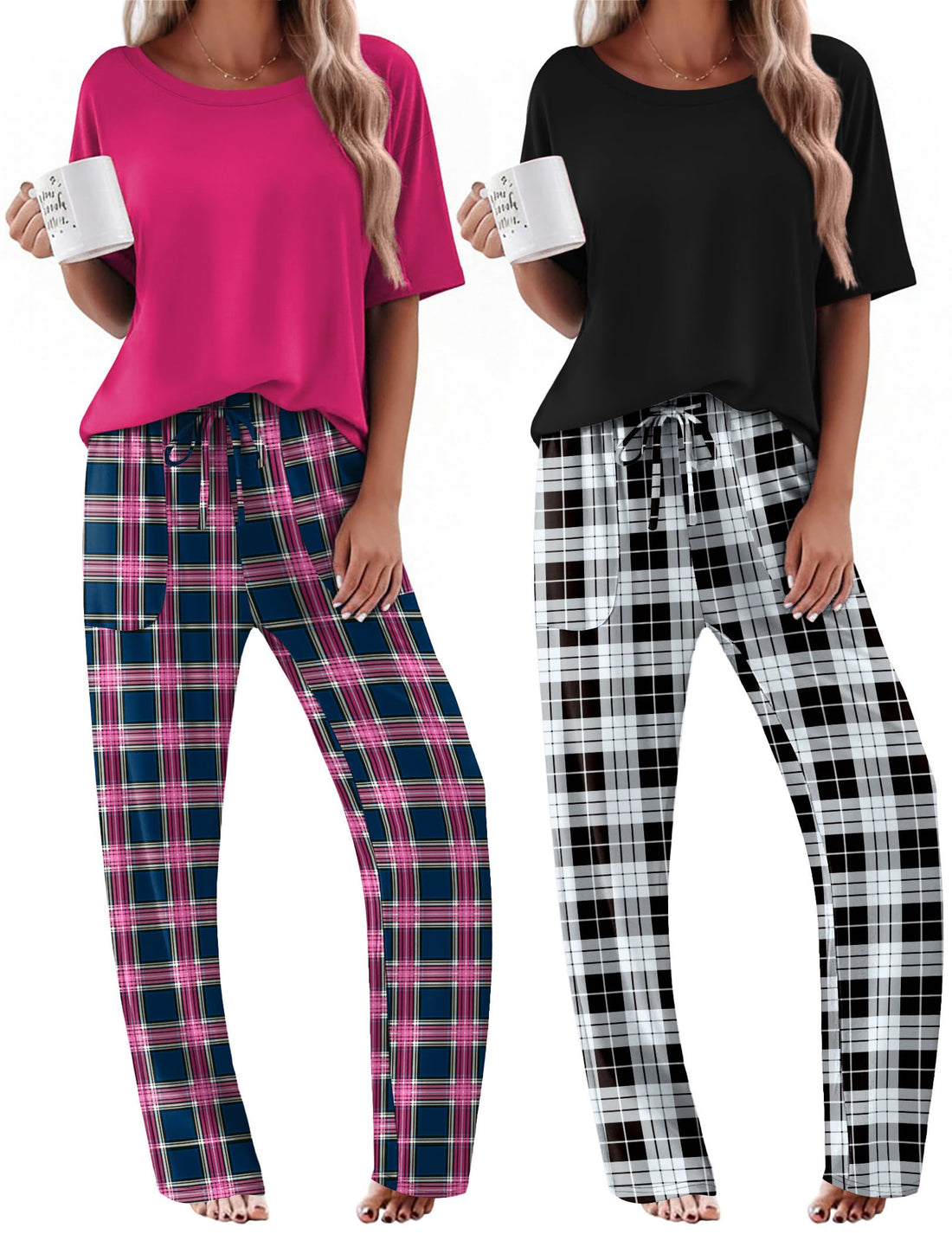Ekouaer 2 Pack Womens Pajama Sets Short Sleeve Tops and Long Pants Casual Comfy Pjs Lounge Set with Pockets,S-XXL