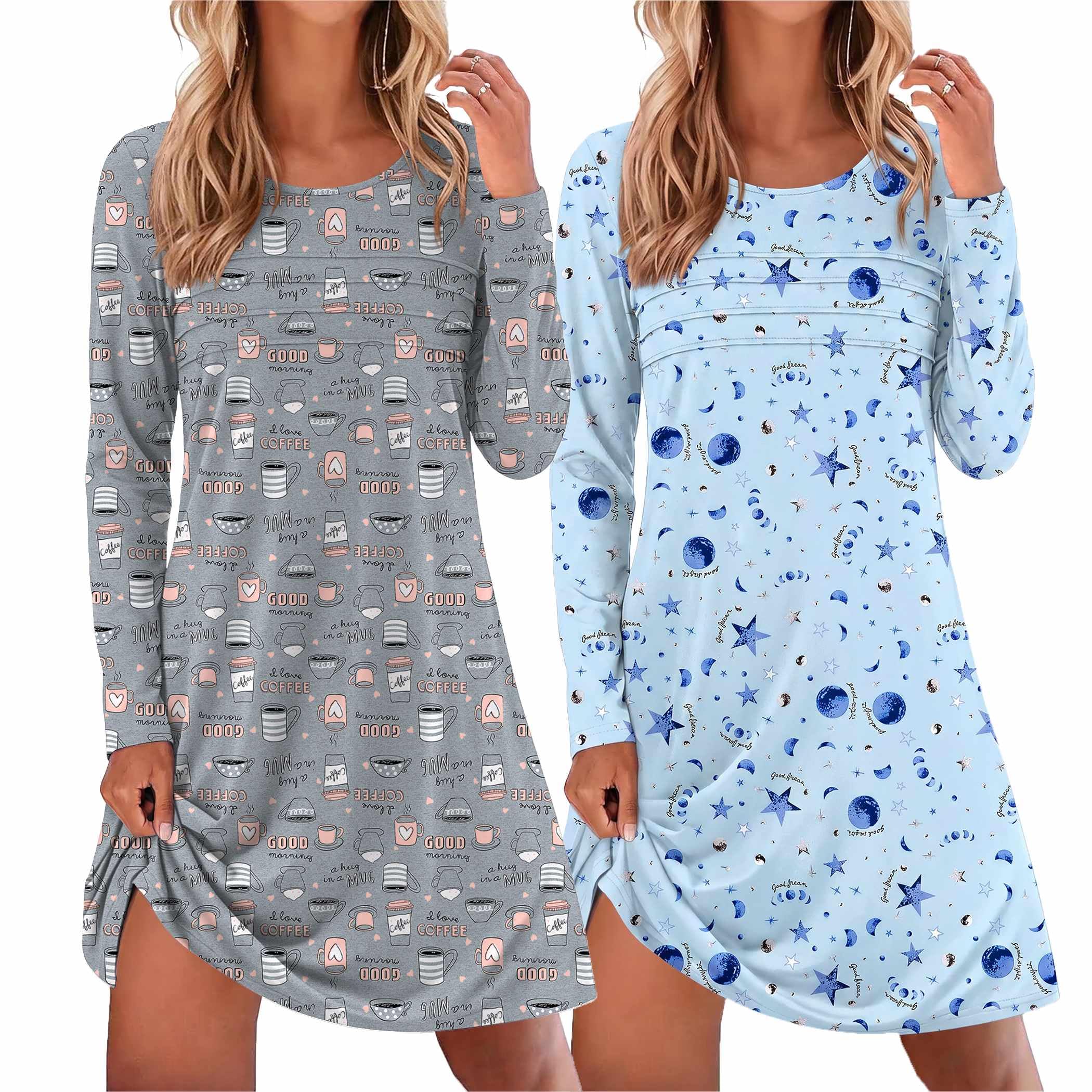 Ekouaer 2 Pack Long Sleeve Nightgown for Women Crew Neck Sleepshirts S-3XL | Excellent Value for the Price Features Many Cute Prints Soft Comfortable Fabric Long Sleeve O Neck Nightgown for Sleeping WEBE CLOTHING