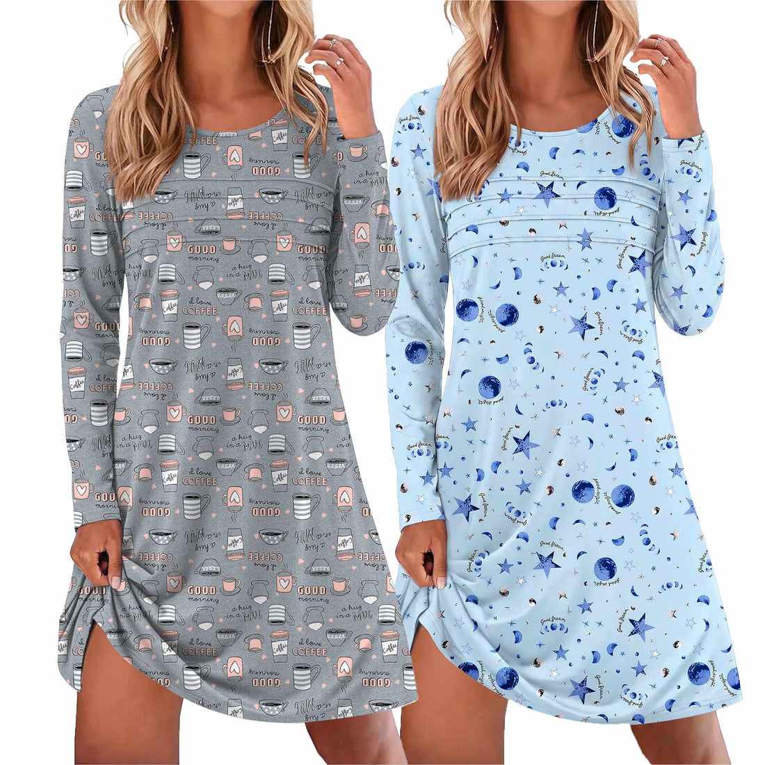 Ekouaer 2 Pack Long Sleeve Nightgown for Women Crew Neck Sleepshirts S-3XL | Excellent Value for the Price Features Many Cute Prints Soft Comfortable Fabric Long Sleeve O Neck Nightgown for Sleeping WEBE CLOTHING