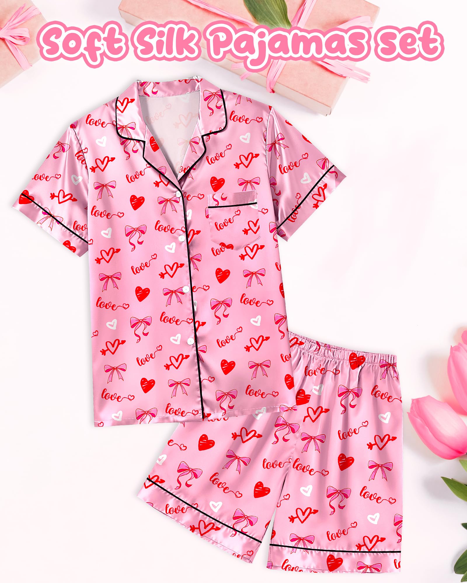 Sylfairy Girls Pajamas Silk PJS Set Pink Bow Satin Sleepwear Short Sleeve Jammies for Kids Button-Down Nightwear size 7-14