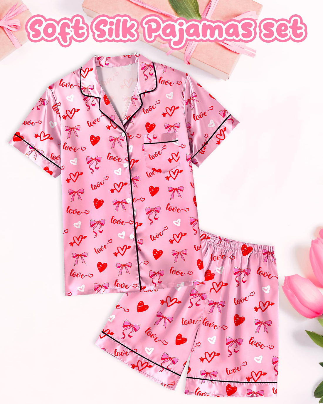 Sylfairy Girls Pajamas Silk PJS Set Pink Bow Satin Sleepwear Short Sleeve Jammies for Kids Button-Down Nightwear size 7-14