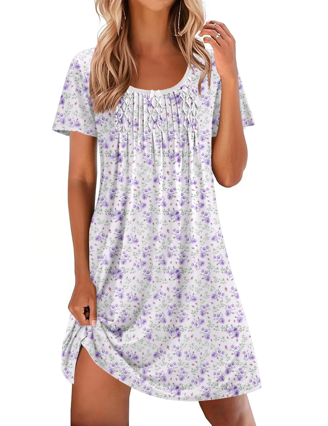 Ekouaer Nightgowns for Women Pleated Sleep Shirts Short Sleeve Night Shirts Lace Trim Night Gown Ladies Sleep Dress