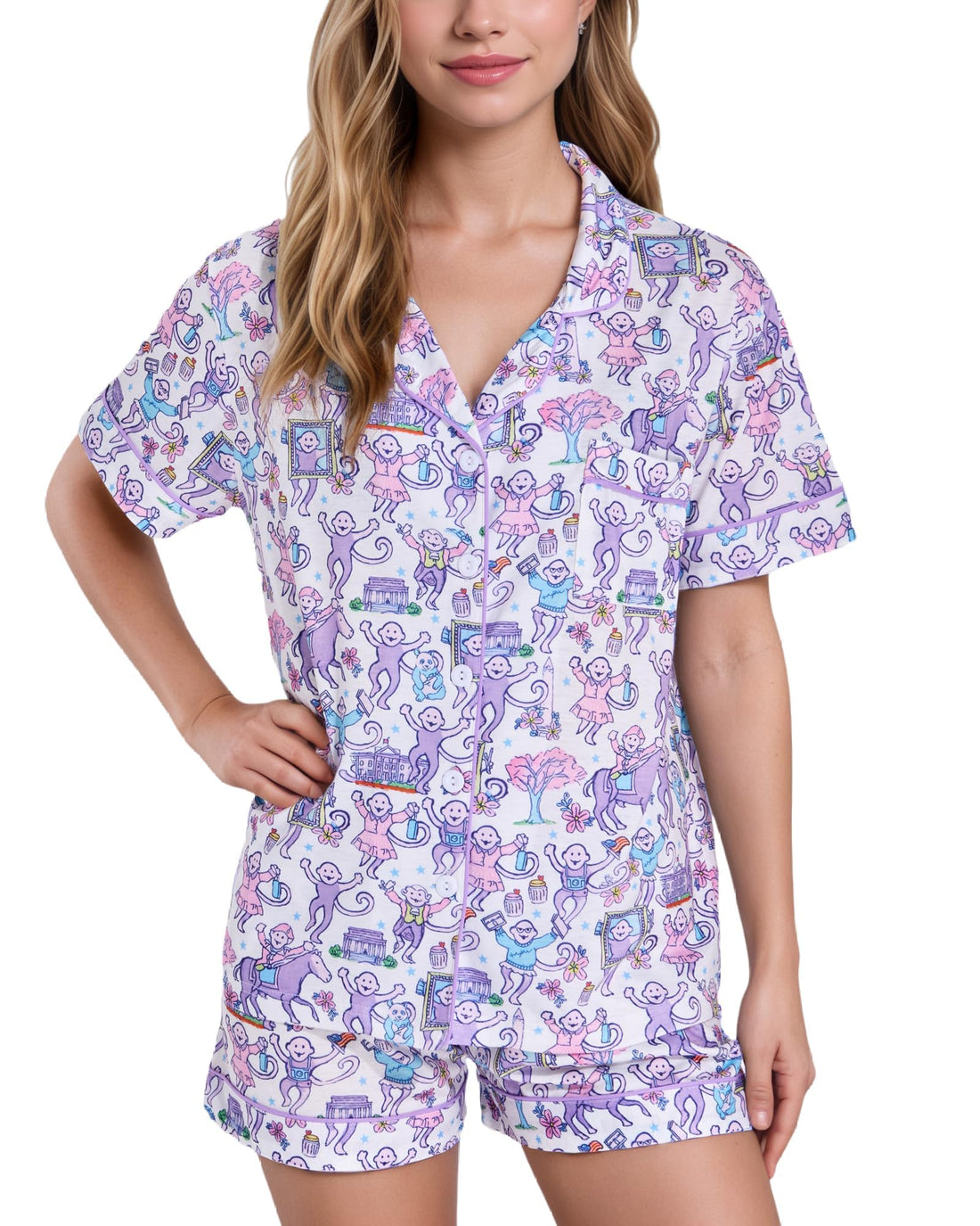 Women Y2k Pajamas Set Cute Preppy 2PCS Button Down Holiday Monkey Shorts Summer Outfit Beach Vacation Loungewear PJs WEBE CLOTHING