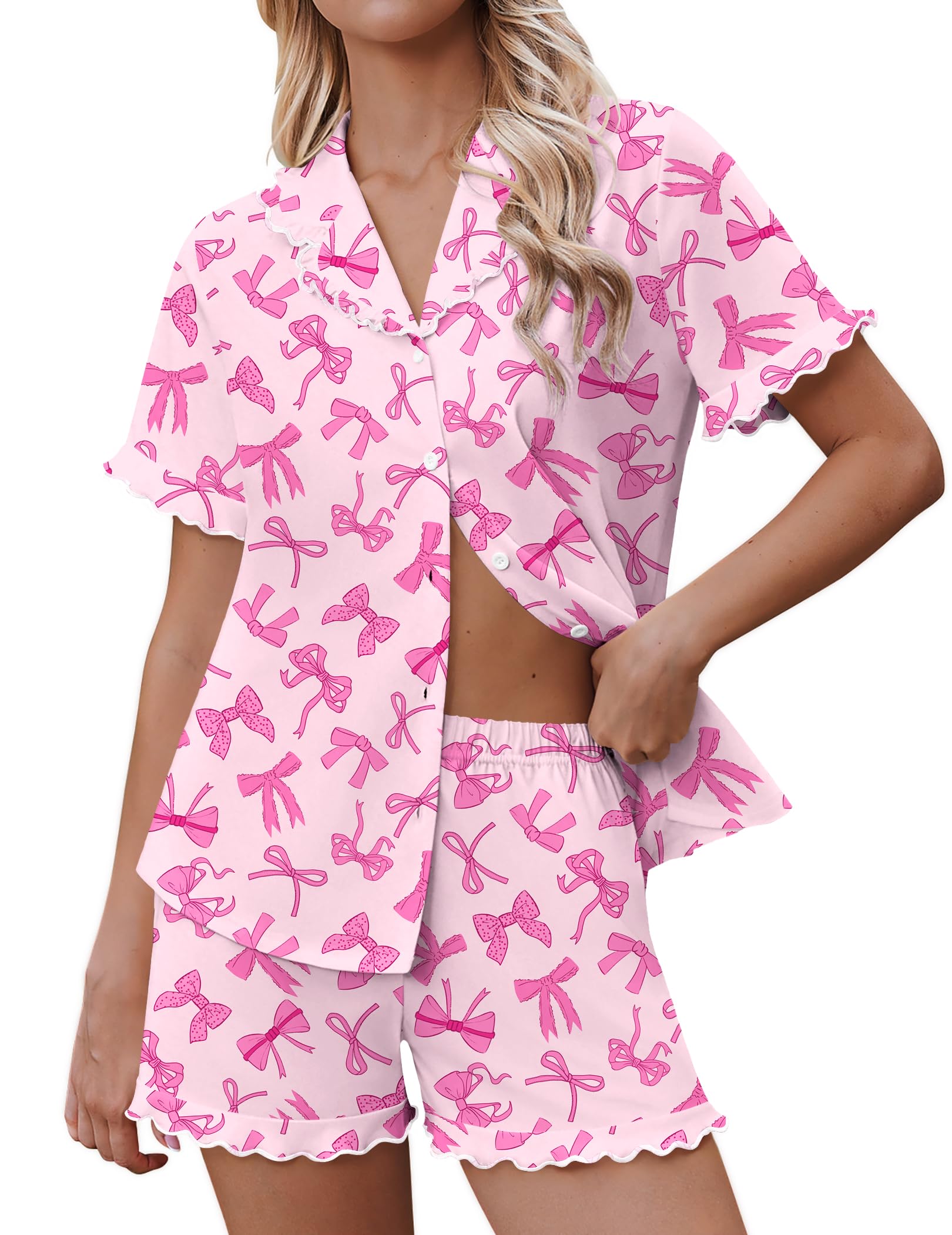 Ekouaer Pajamas for Women Sets Cute Pjs Button Down 2 Piece Short Sleeve Ruffle Lounge Set Sleepwear WEBE CLOTHING