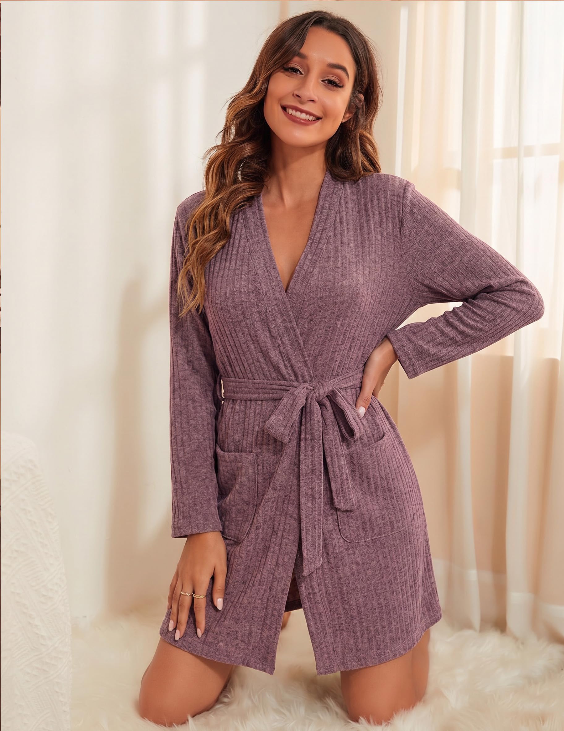 Ekouaer Women Robe Short Lightweight Bathrobe Ribbed Knit Soft Robes Long Sleeve Ladies Sleepwear with Pockets