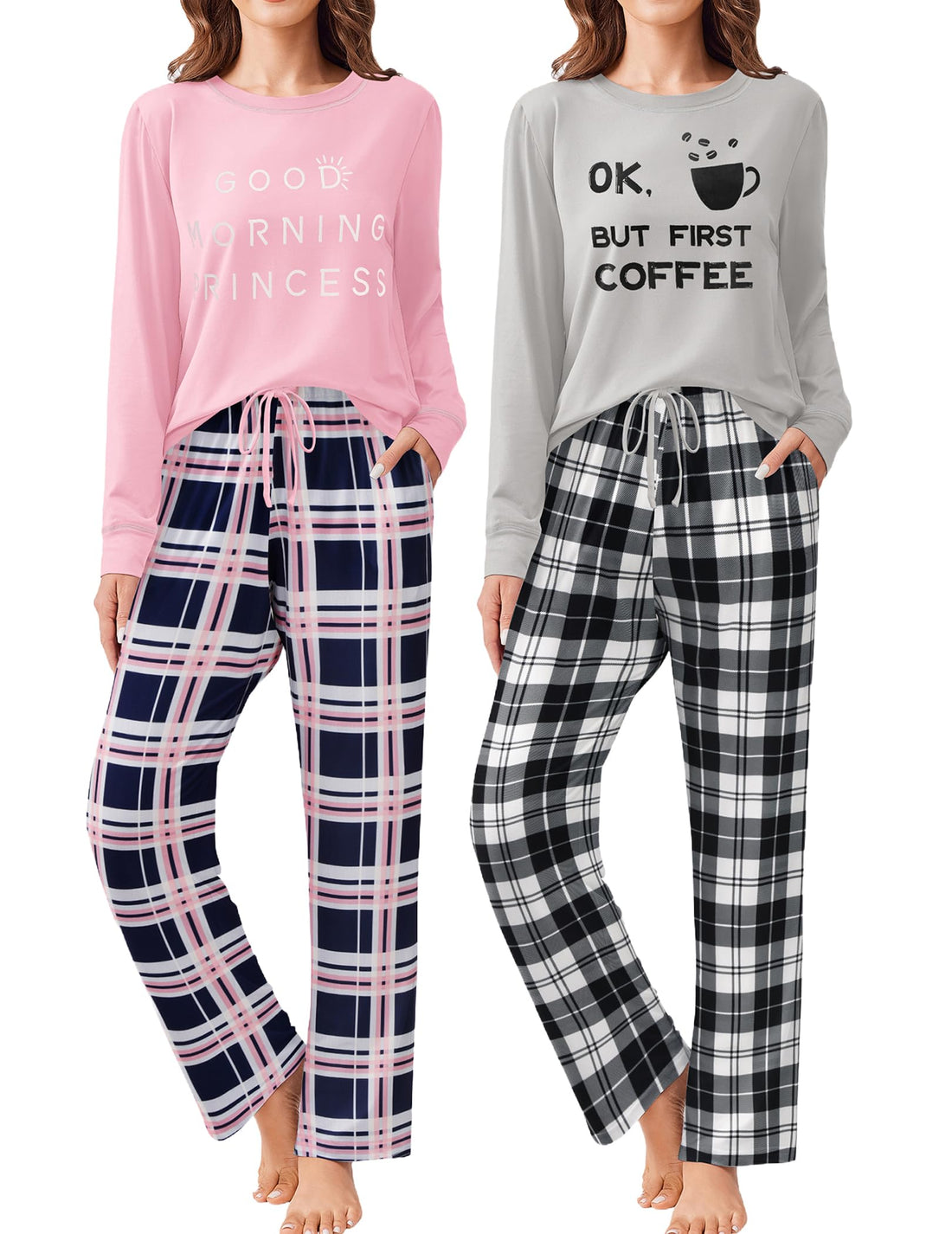 Ekouaer 2 Pack Women Pajama Long Sleeve Sleepwear Soft Loungewear Pjs Sets with Pockets S-XXL