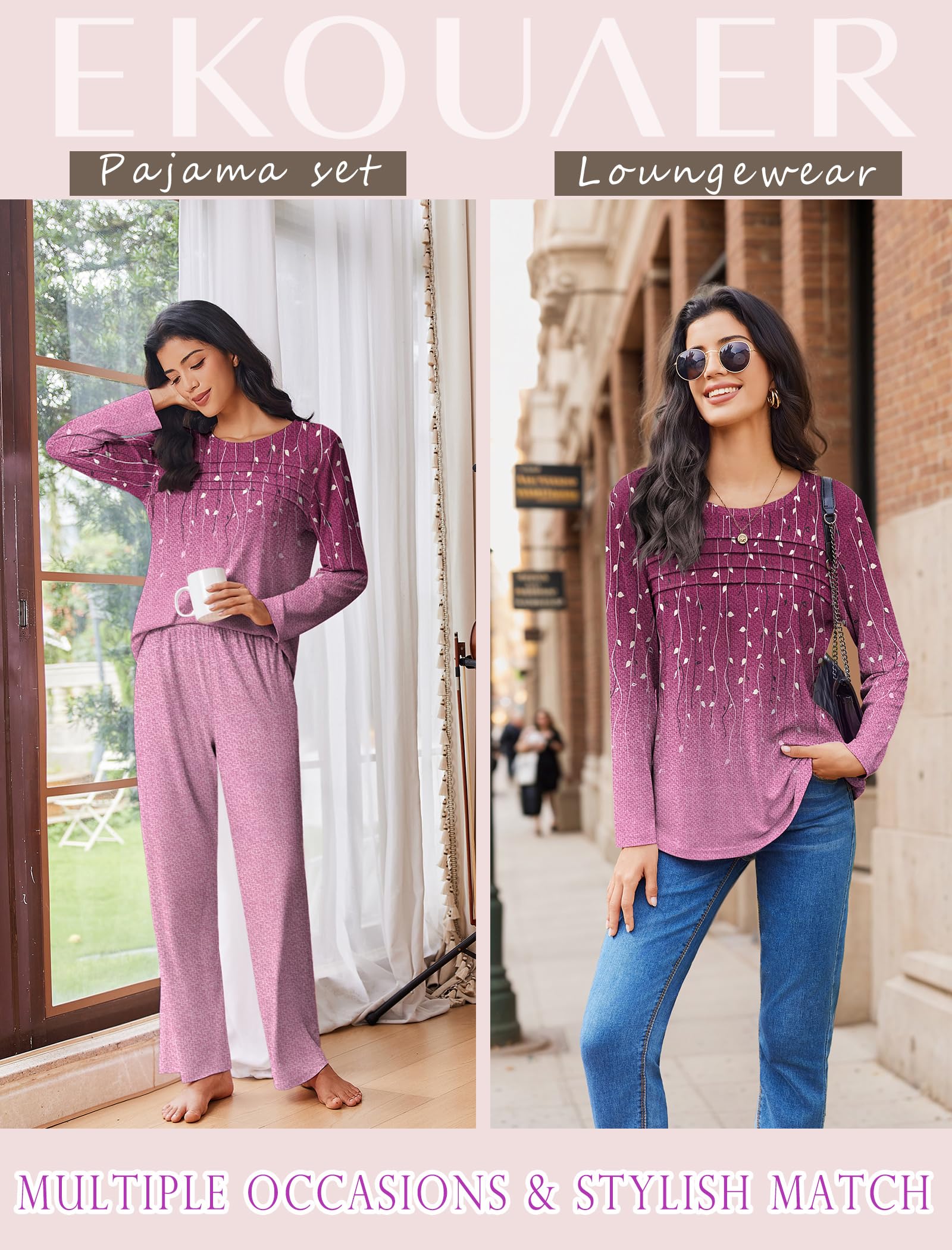 Ekouaer Womens Pajama Sets Pleated Tops with Long Pants Lounge Set Long Sleeve Fall Sleepwear Ladies Pjs S-XXL
