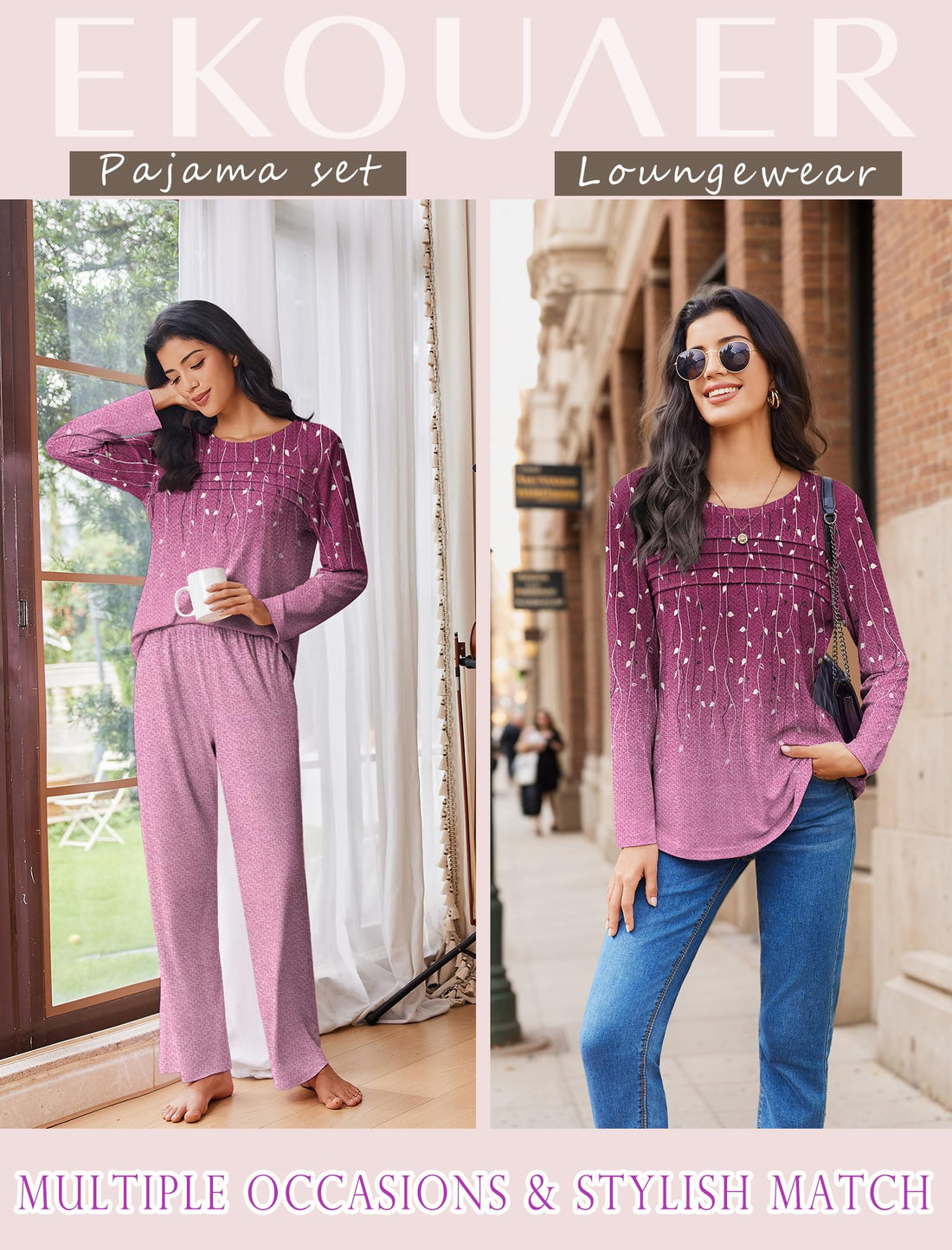 Ekouaer Womens Pajama Sets Pleated Tops with Long Pants Lounge Set Long Sleeve Fall Sleepwear Ladies Pjs S-XXL